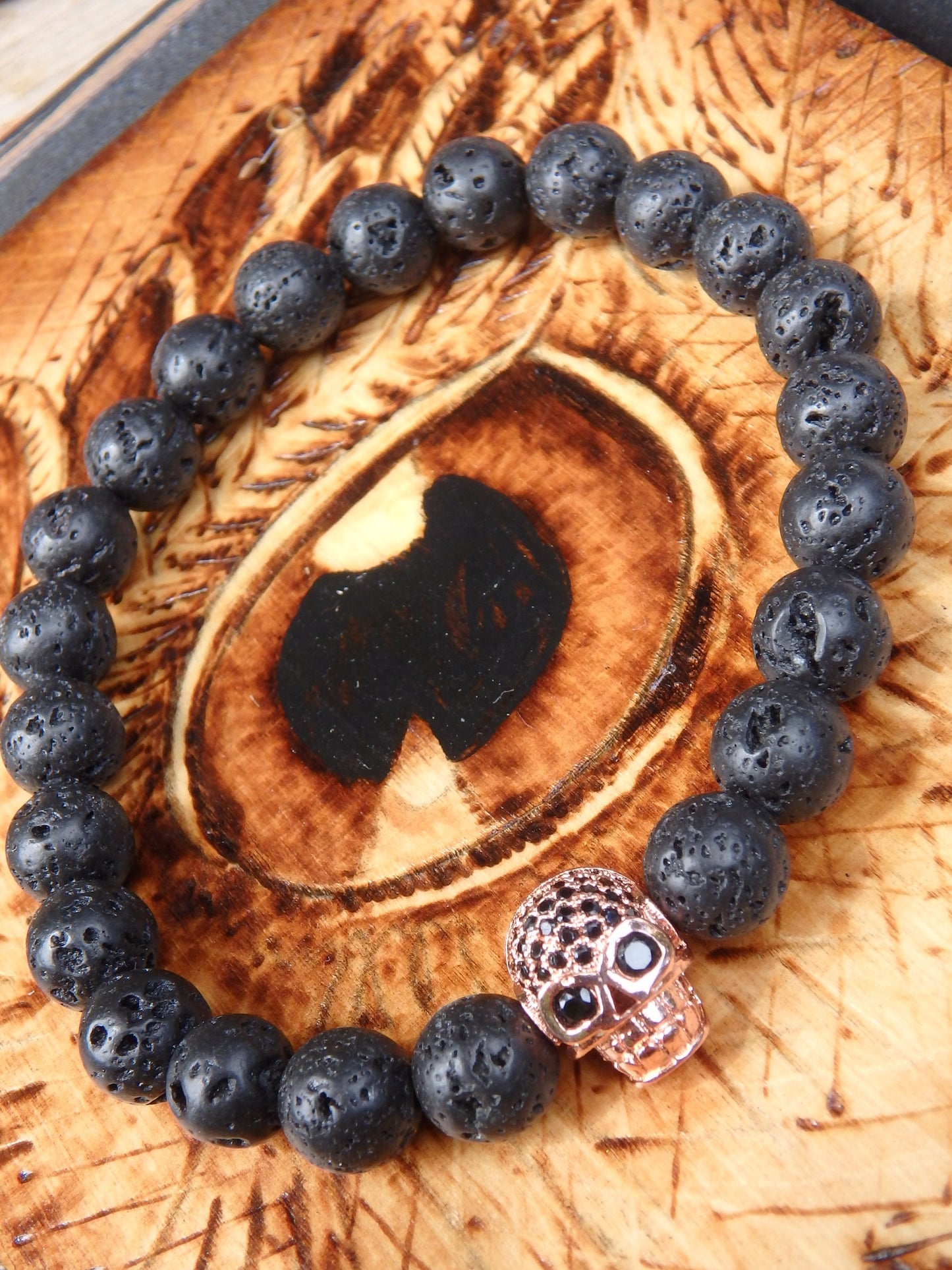 Lava Stone Bracelet With Skull Charm (Perfect for Essential Oils & Perfume) - Earth Family Crystals