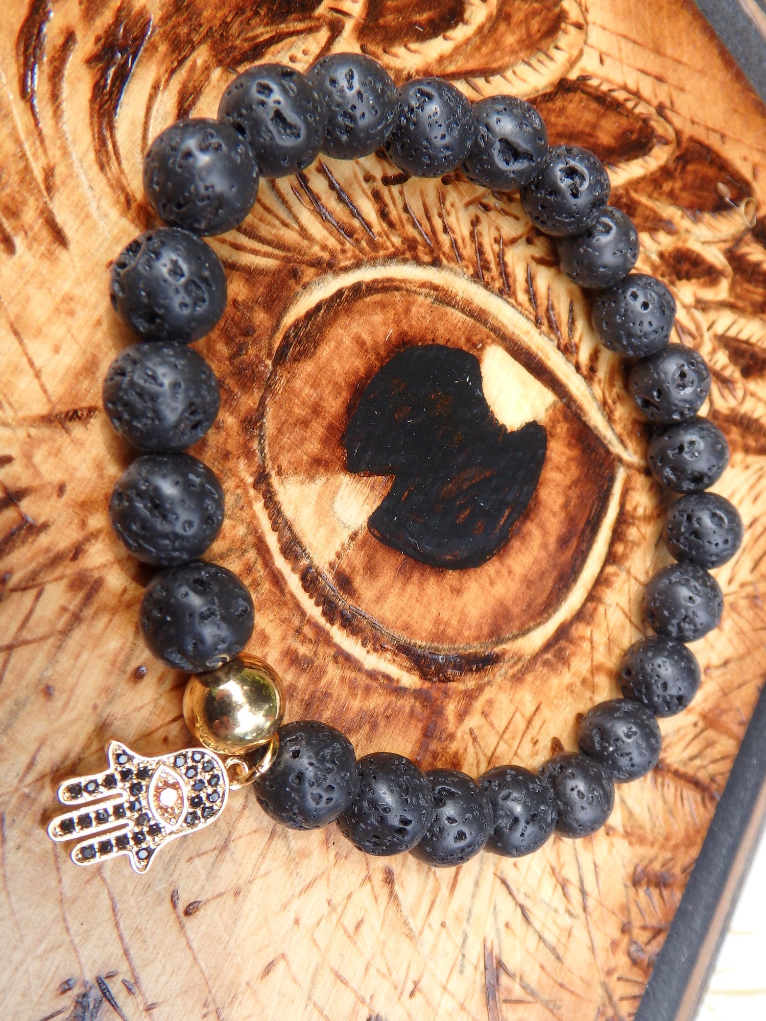 Lava Stone Bracelet With Hamsa Charm (Perfect for Essential Oils & Perfume) - Earth Family Crystals