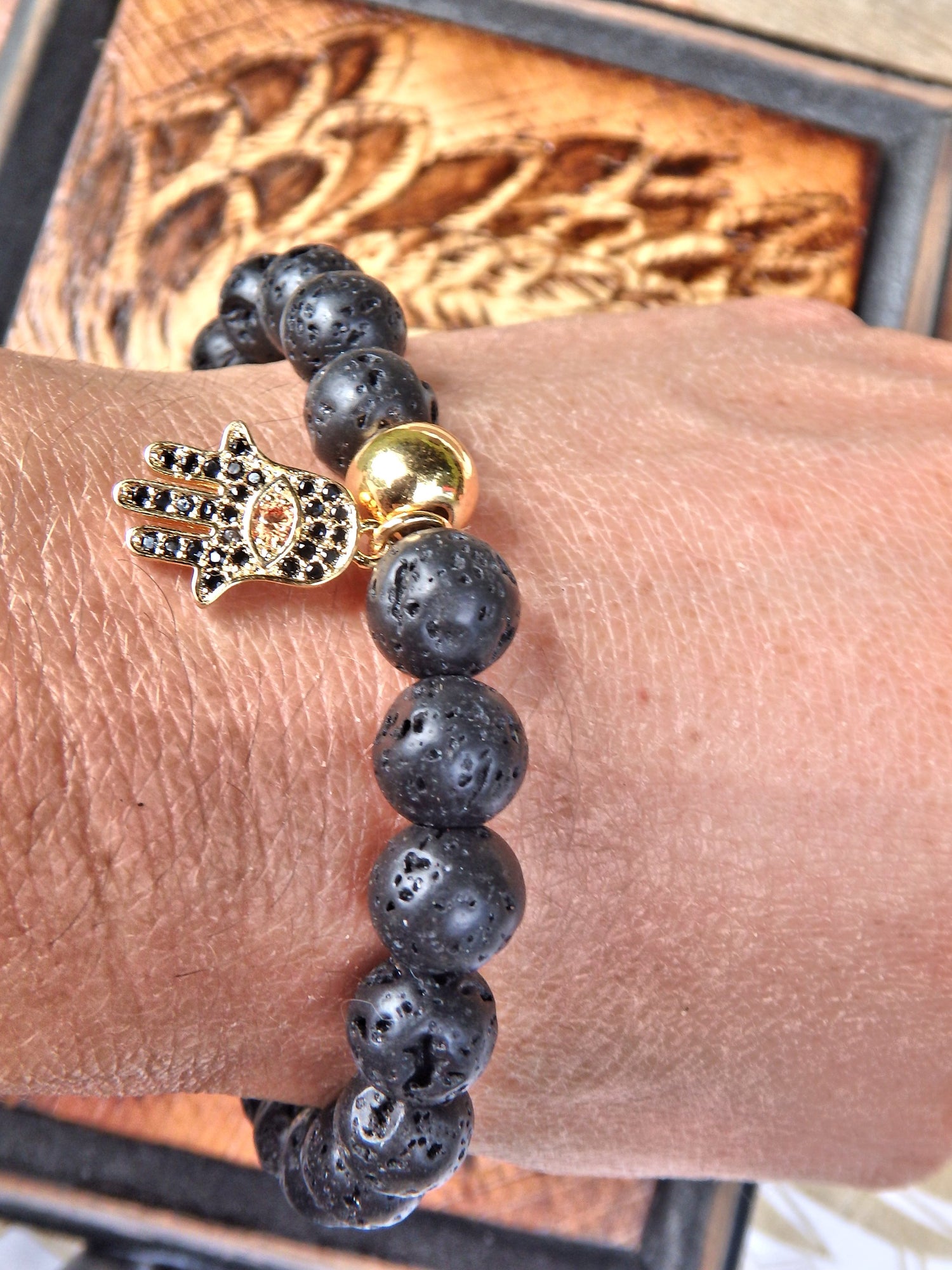 Lava Stone Bracelet With Hamsa Charm (Perfect for Essential Oils & Perfume) - Earth Family Crystals