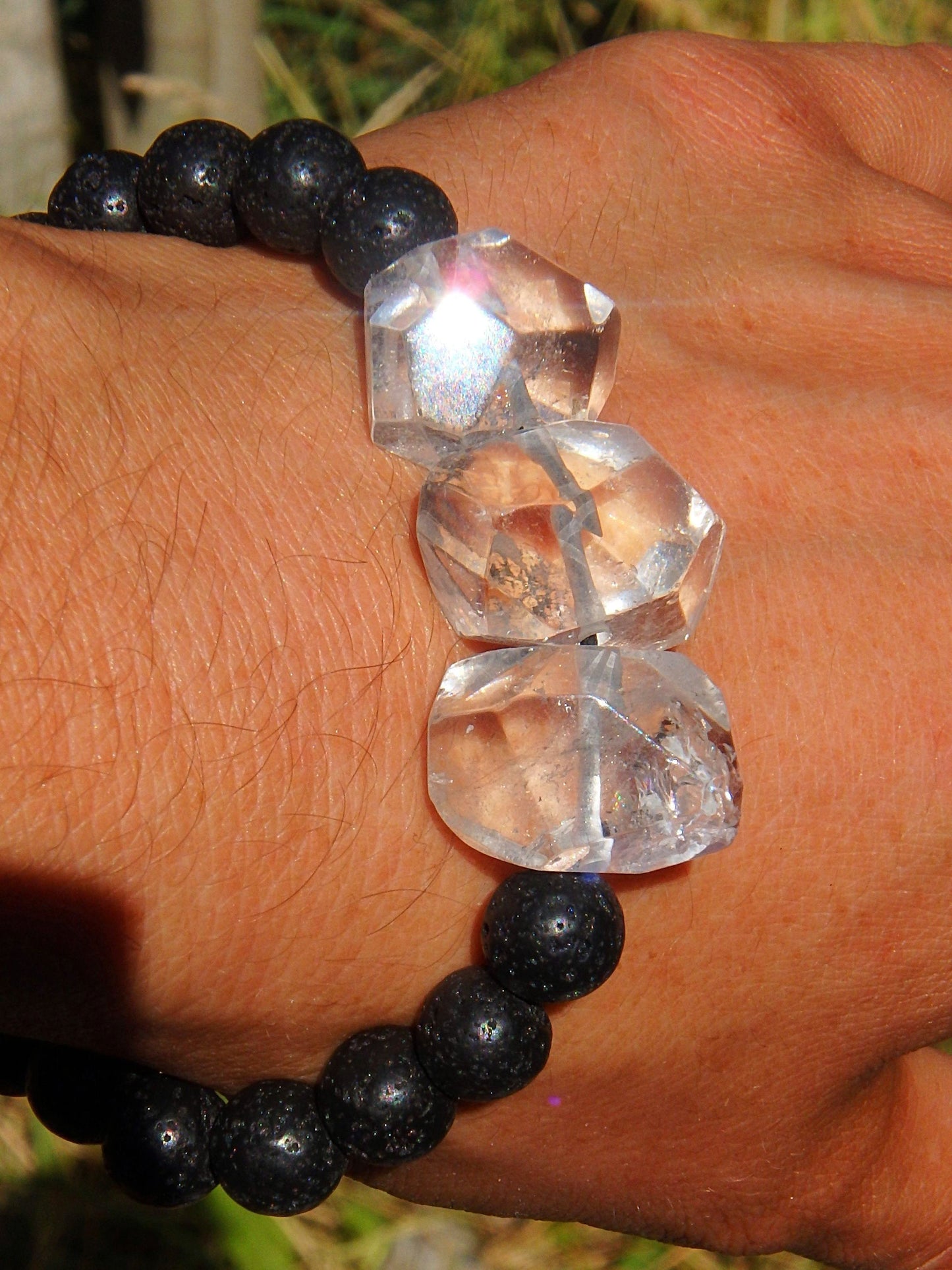  Clear Quartz Stones & Lava Stone Adjustable Cord Bracelet