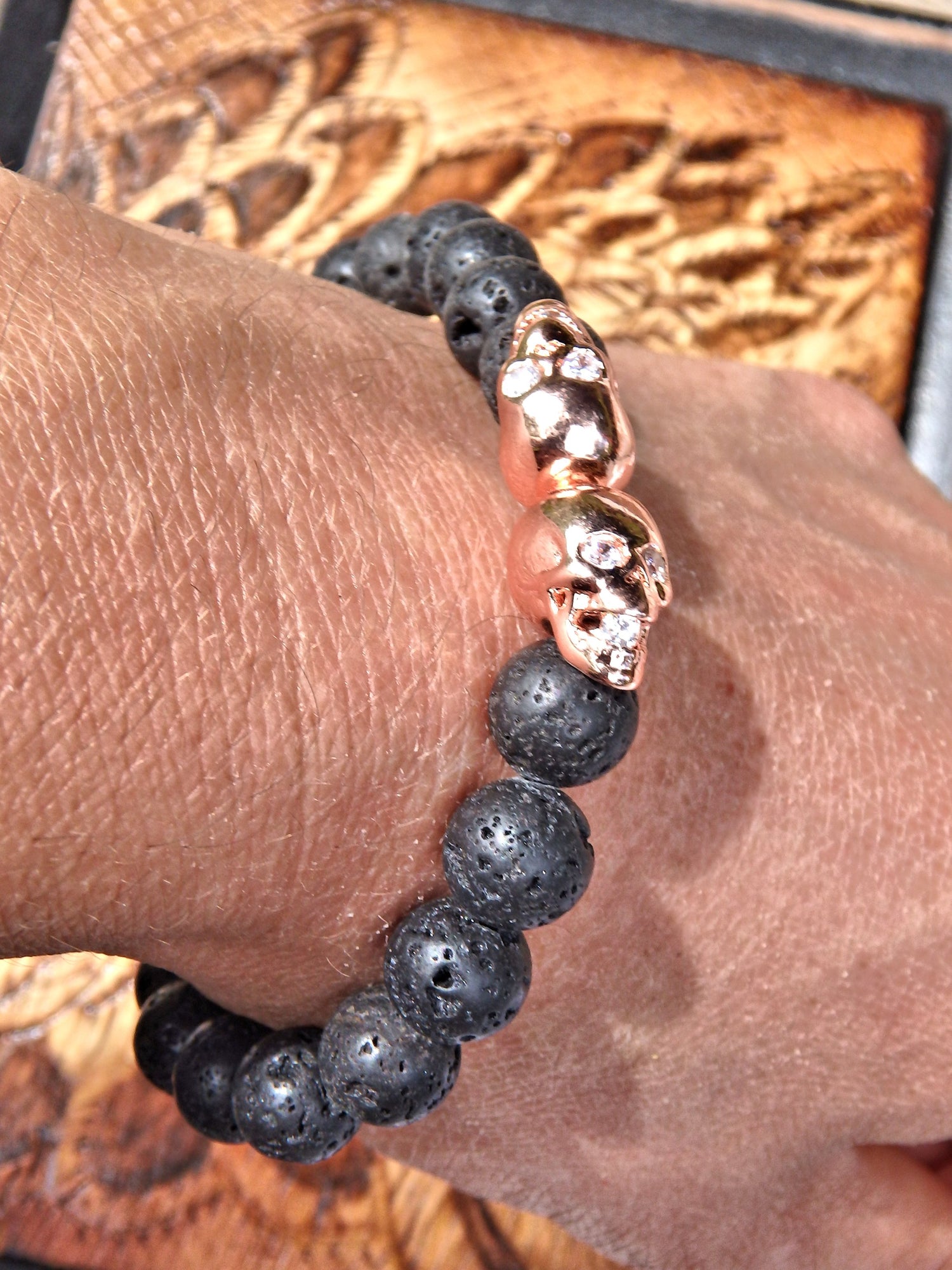 Lava Stone Bracelet With Double Rose Golden Color Skull Charms (Perfect for Essential Oils & Perfume) - Earth Family Crystals
