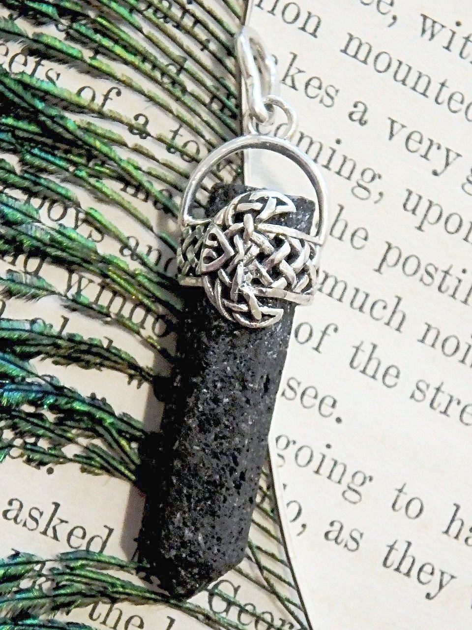  Crescent Moon & Lava Stone Point Pendant in Sterling Silver (Includes Silver Chain)