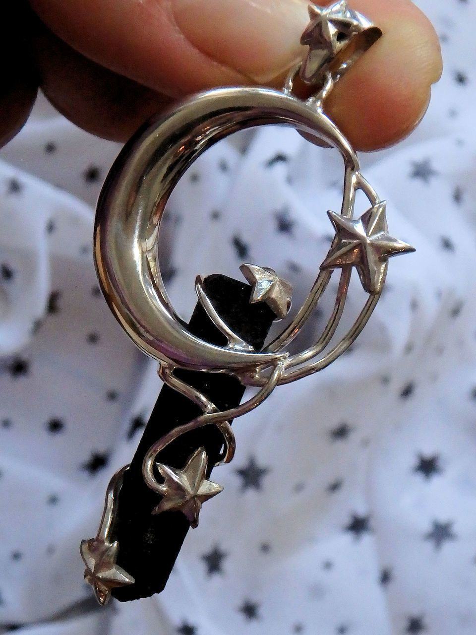  Crescent Moon & Stars Lava Stone Pendant in Sterling Silver (Includes Silver Chain)