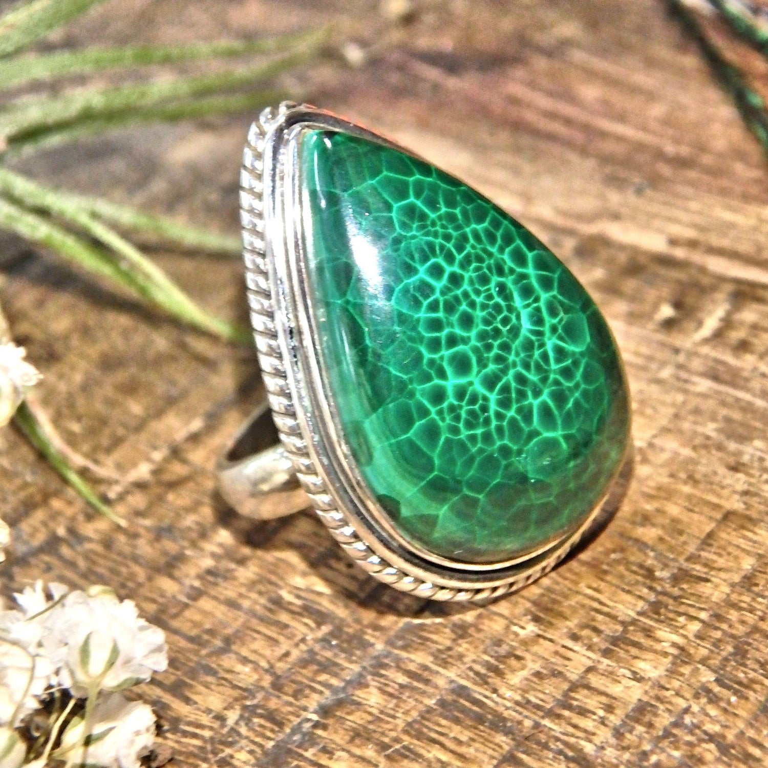  Delightful Green Patterns Malachite Sterling Silver Ring (Size 6)