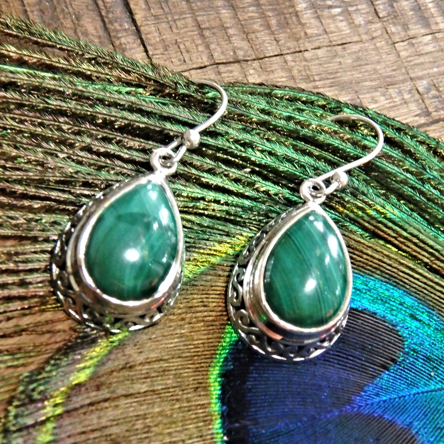 Elegant Green Malachite Sterling Silver Earrings - Earth Family Crystals