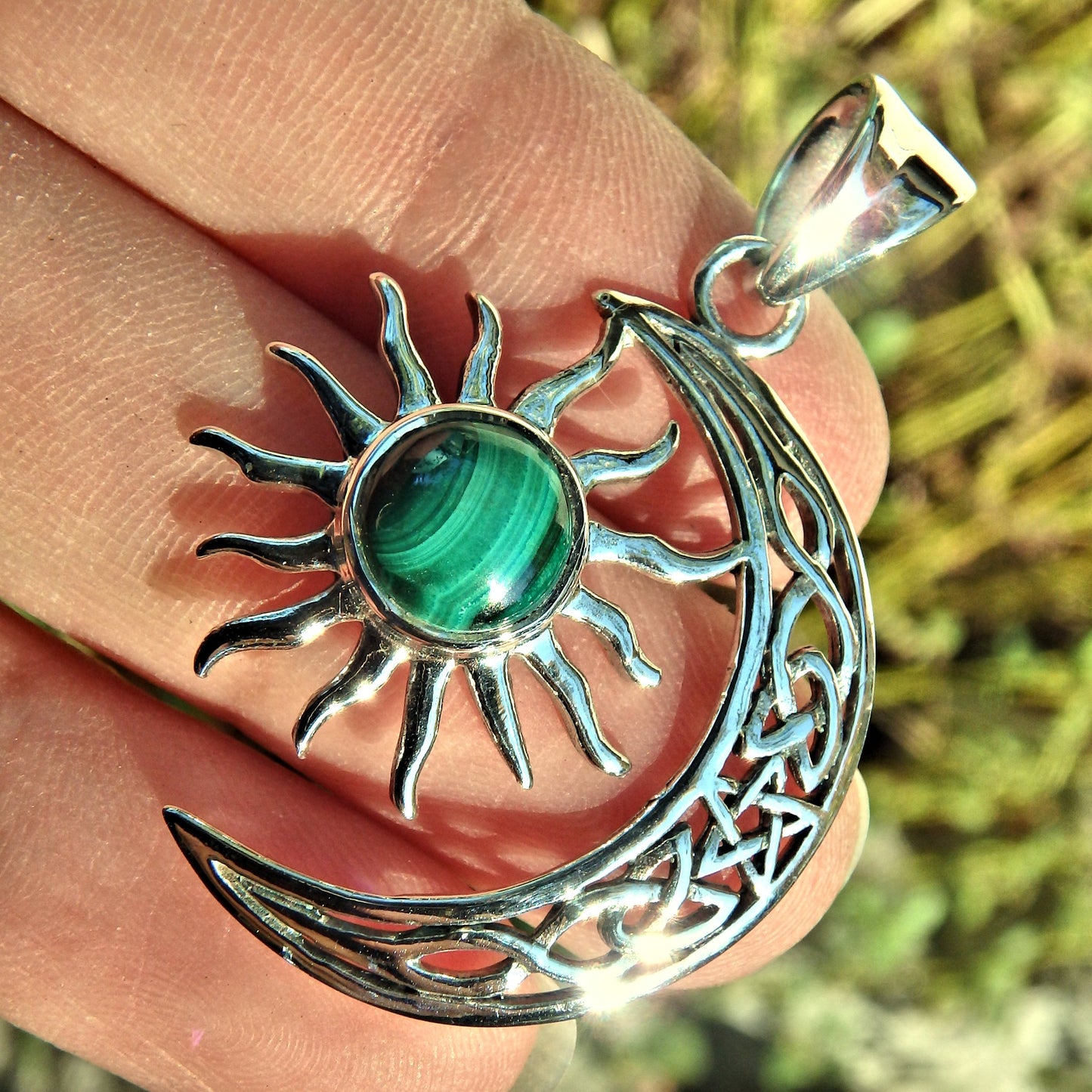 Moon & Sun Malachite  Pendant in Sterling Silver (Includes Silver Chain) - Earth Family Crystals