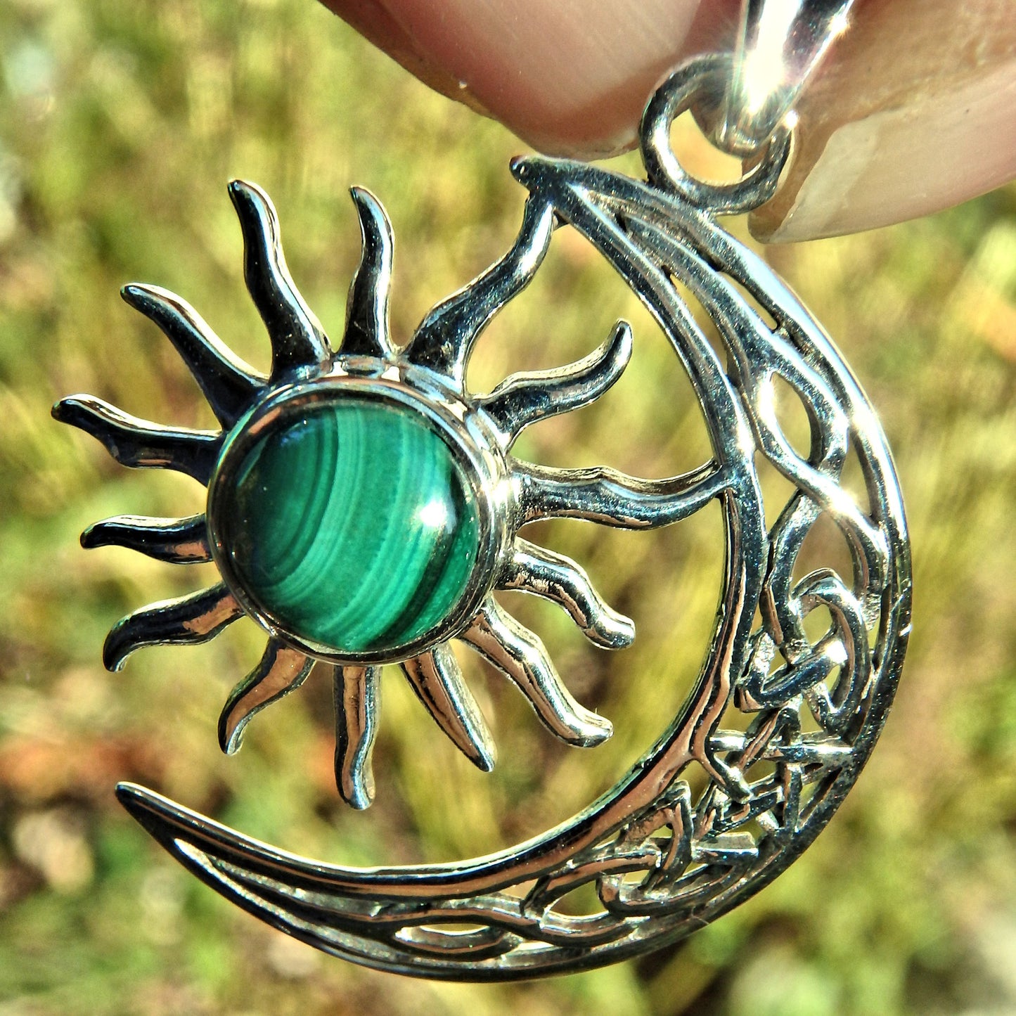Moon & Sun Malachite  Pendant in Sterling Silver (Includes Silver Chain) - Earth Family Crystals