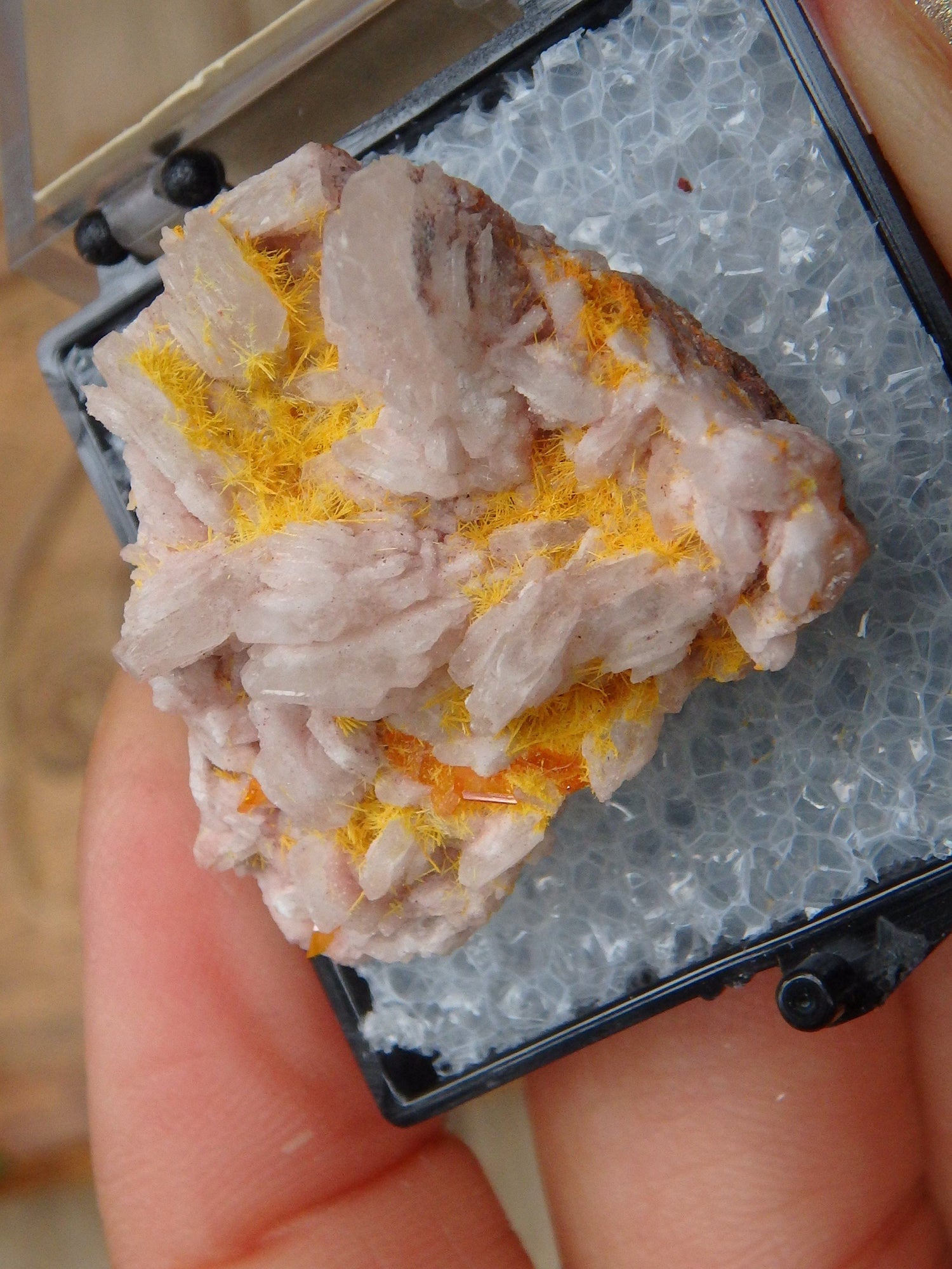  Electric Orange Wulfenite & Baryte, Mimetite Collectors Specimen in Box From Rowley Mine, Arizona