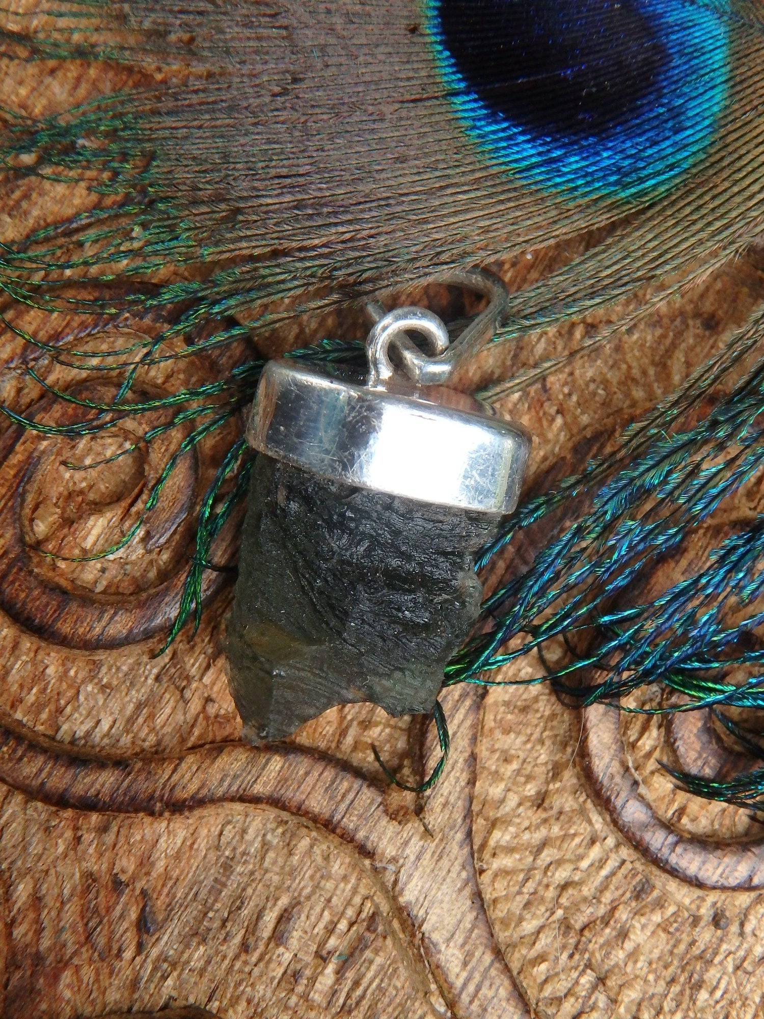  Deep Forest Green Genuine Raw Moldavite Floating Pendant In Sterling Silver (Includes Silver Chain) *REDUCED*