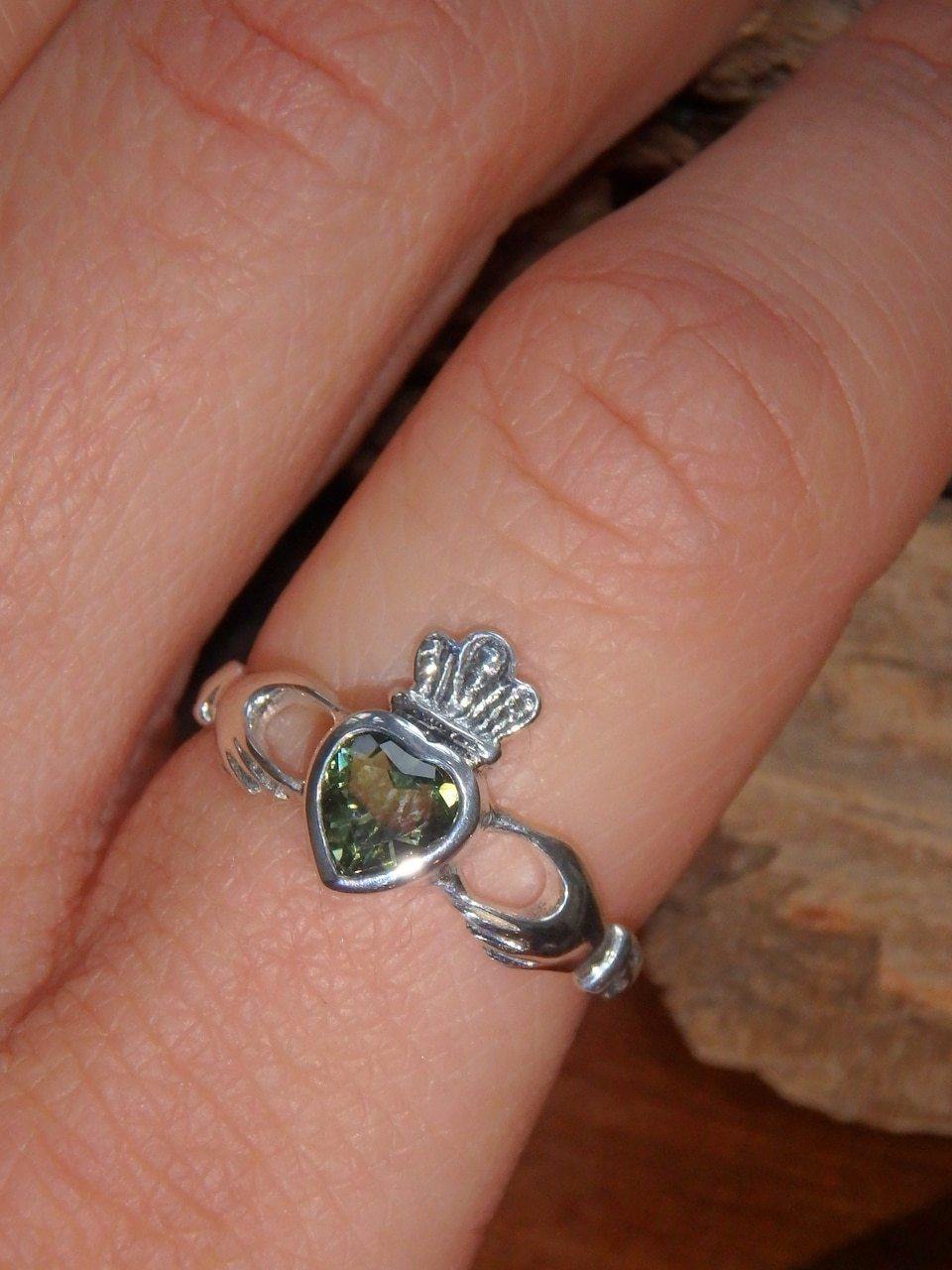 Faceted Moldavite Traditional Irish Claddagh Ring in Sterling Silver (Size 9) - Earth Family Crystals