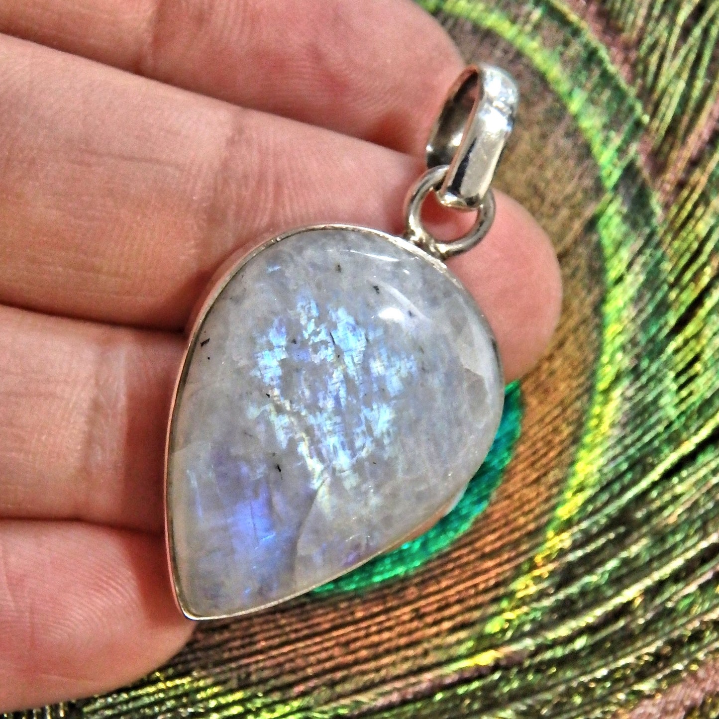 Flashes of Royal Blue Rainbow Moonstone  Sterling Silver Pendant (Includes Silver Chain)1 - Earth Family Crystals