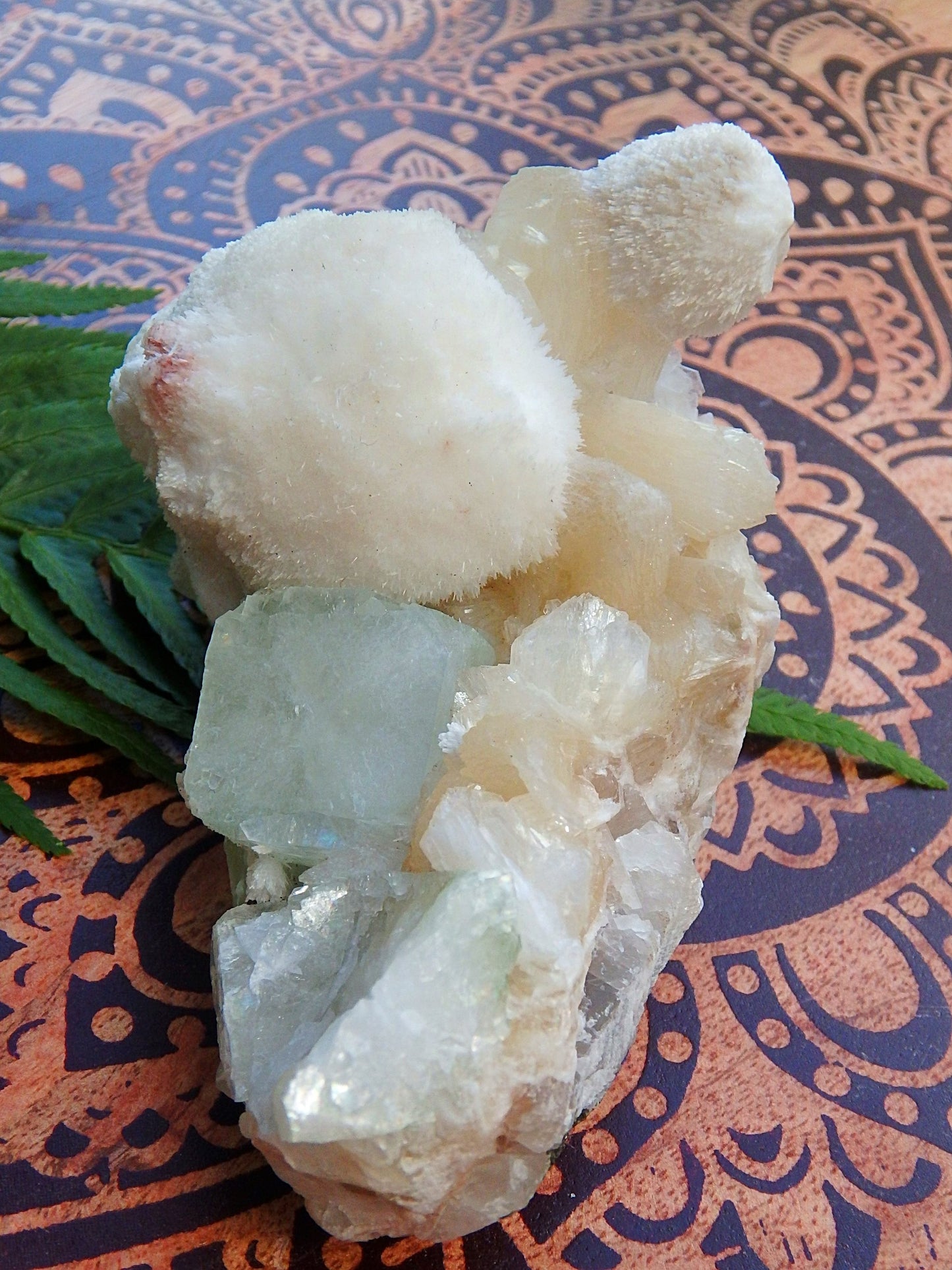 Large Puff Balls of Rare Creamy White Mordenite on Green Apophyllite & Stilbite Matrix From India - Earth Family Crystals