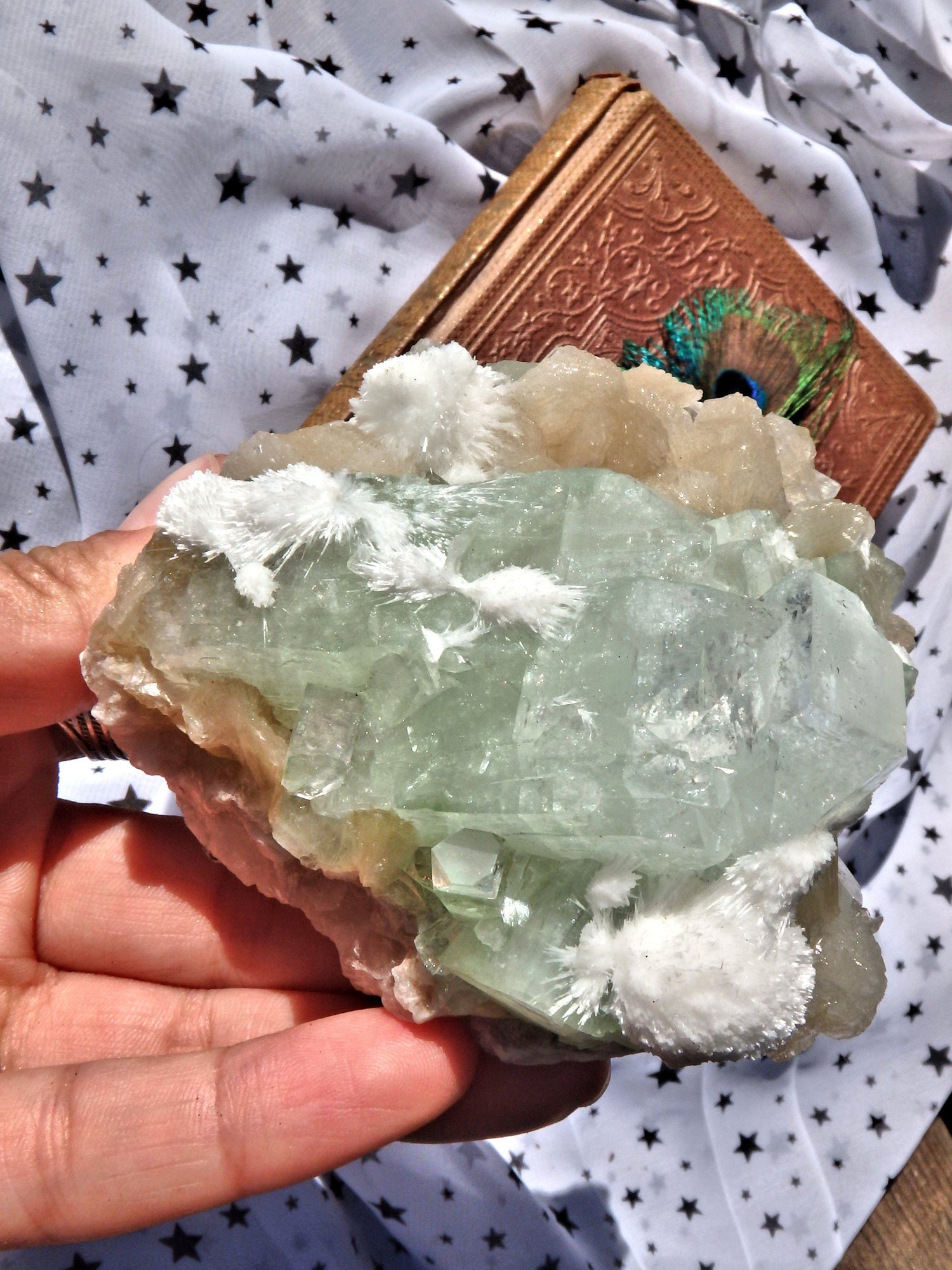  Delightful Rare Mordenite Blooming Patterns on Green Apophyllite & Pink Stilbite Matrix From India