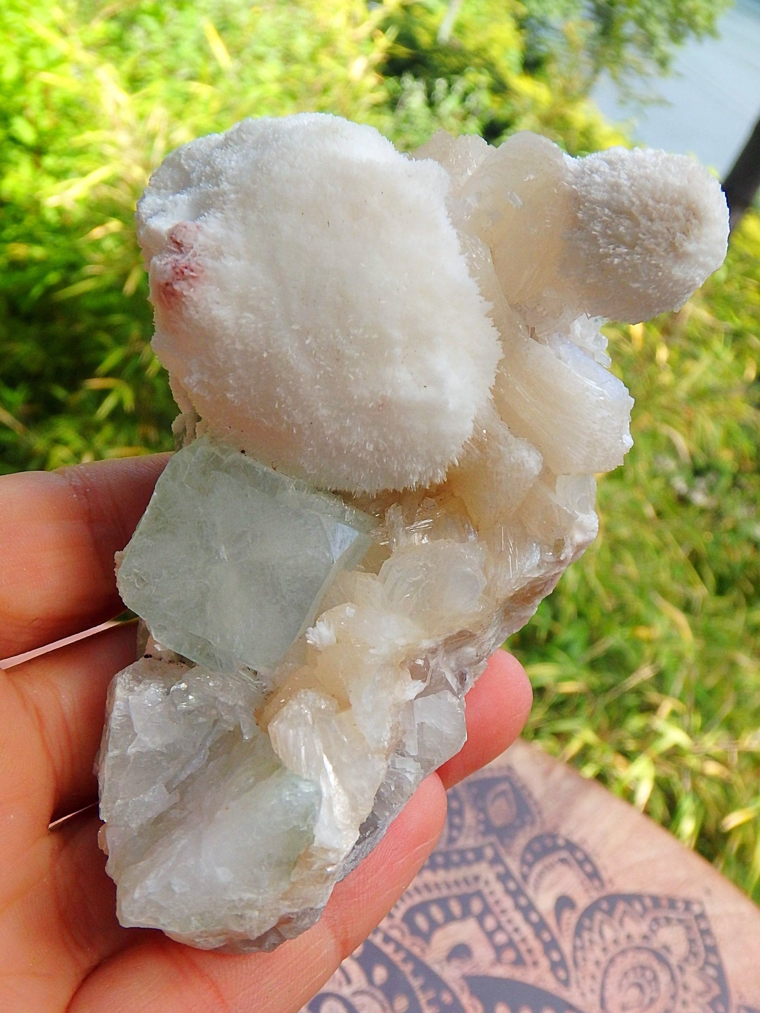 Large Puff Balls of Rare Creamy White Mordenite on Green Apophyllite & Stilbite Matrix From India - Earth Family Crystals