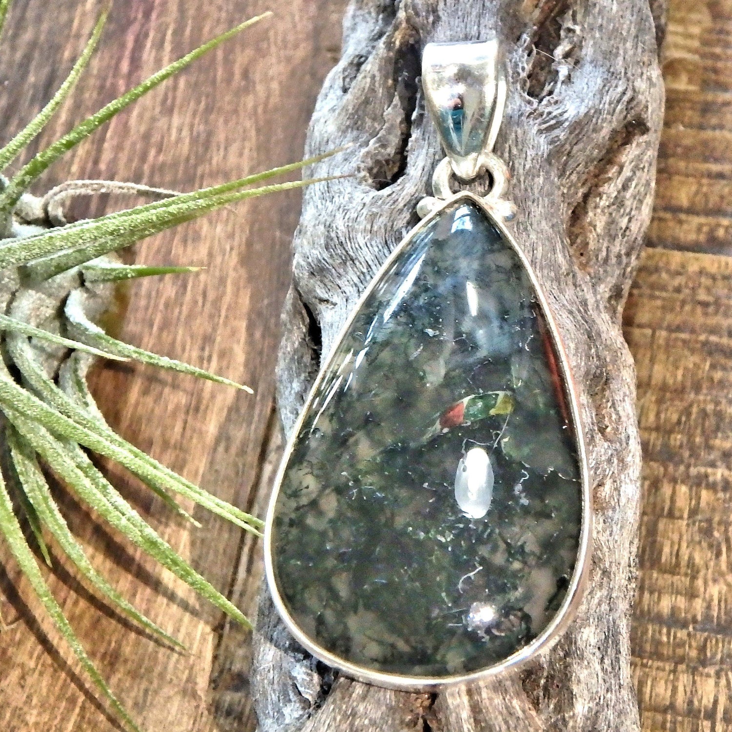  Deep Forest Green Moss Agate Gemstone Pendant in Sterling Silver (Includes Silver Chain)