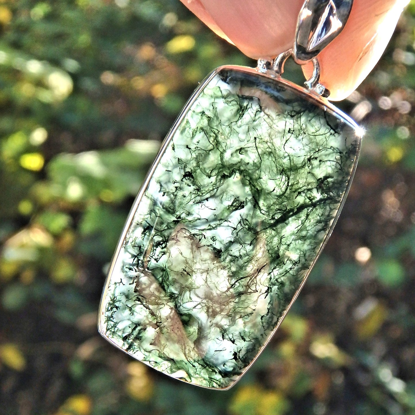 Mysterious Forest Green Moss Agate Large  Pendant in Sterling Silver (Includes Silver Chain) - Earth Family Crystals