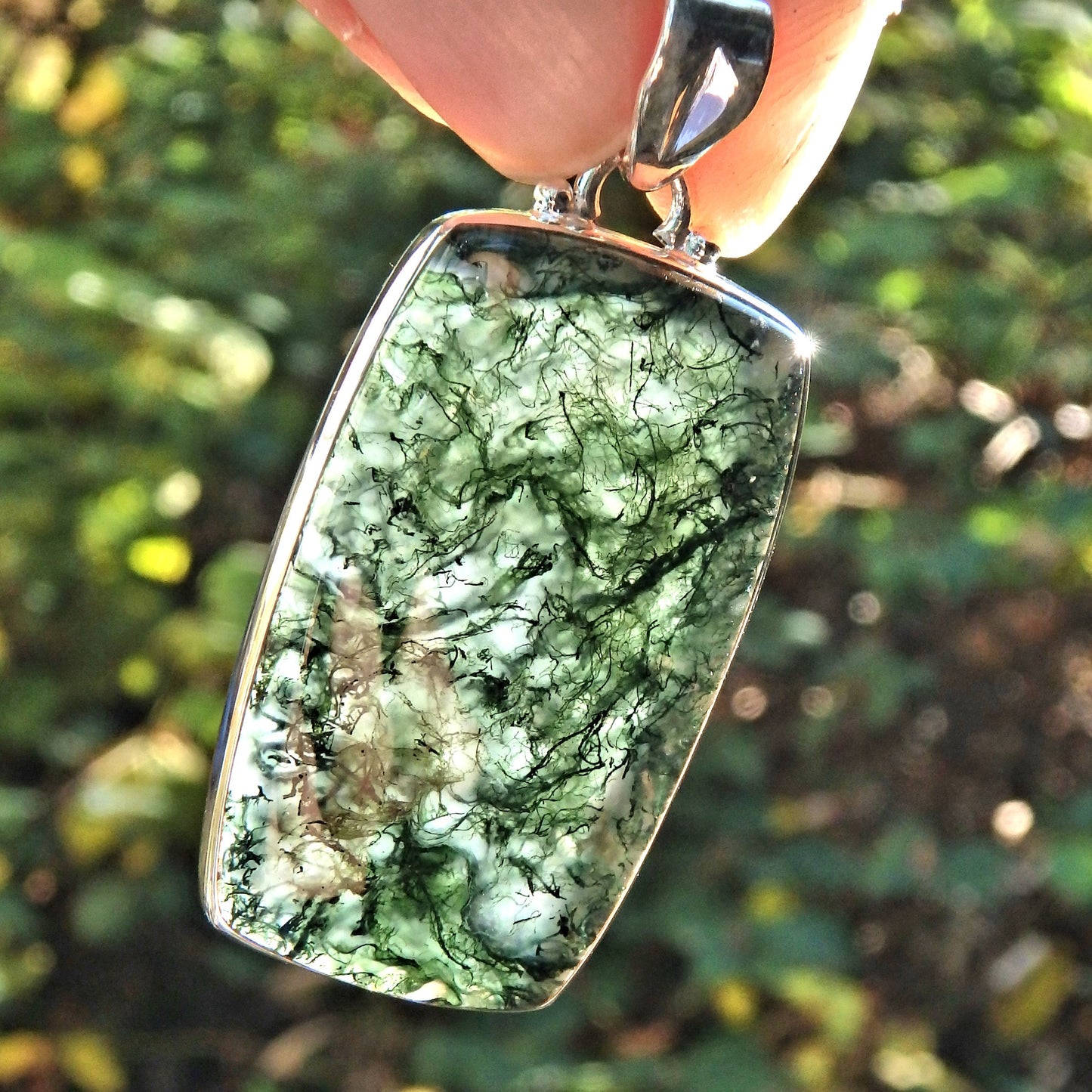 Mysterious Forest Green Moss Agate Large  Pendant in Sterling Silver (Includes Silver Chain) - Earth Family Crystals