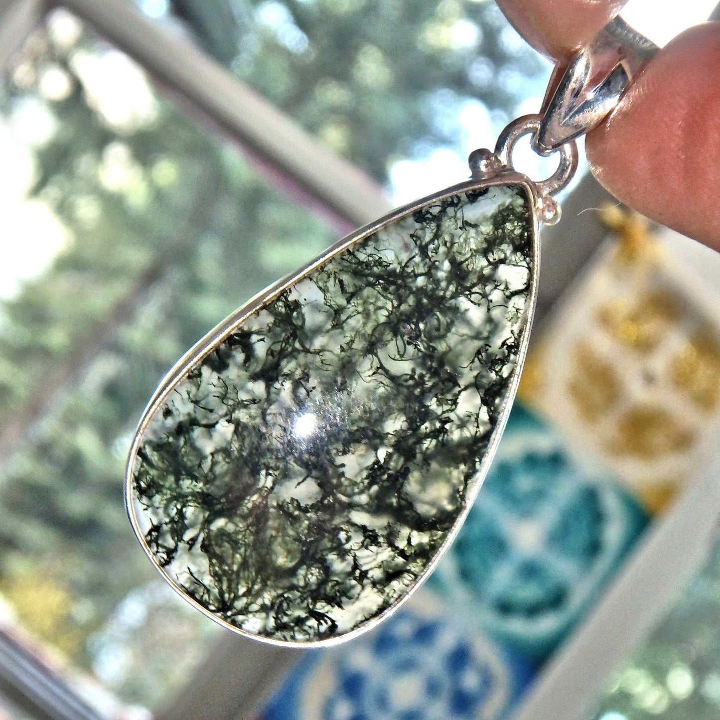  Deep Forest Green Moss Agate Gemstone Pendant in Sterling Silver (Includes Silver Chain)