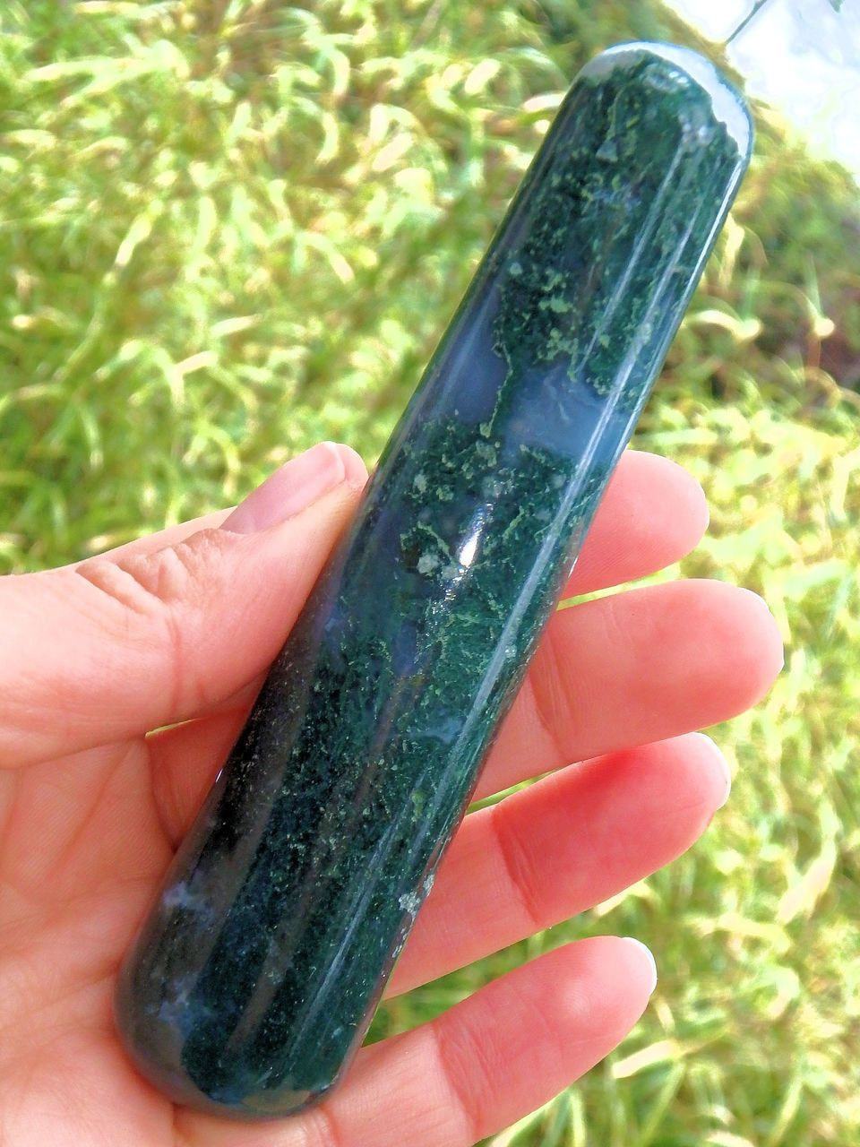  Earthy Green Moss Agate Wand Carving 1