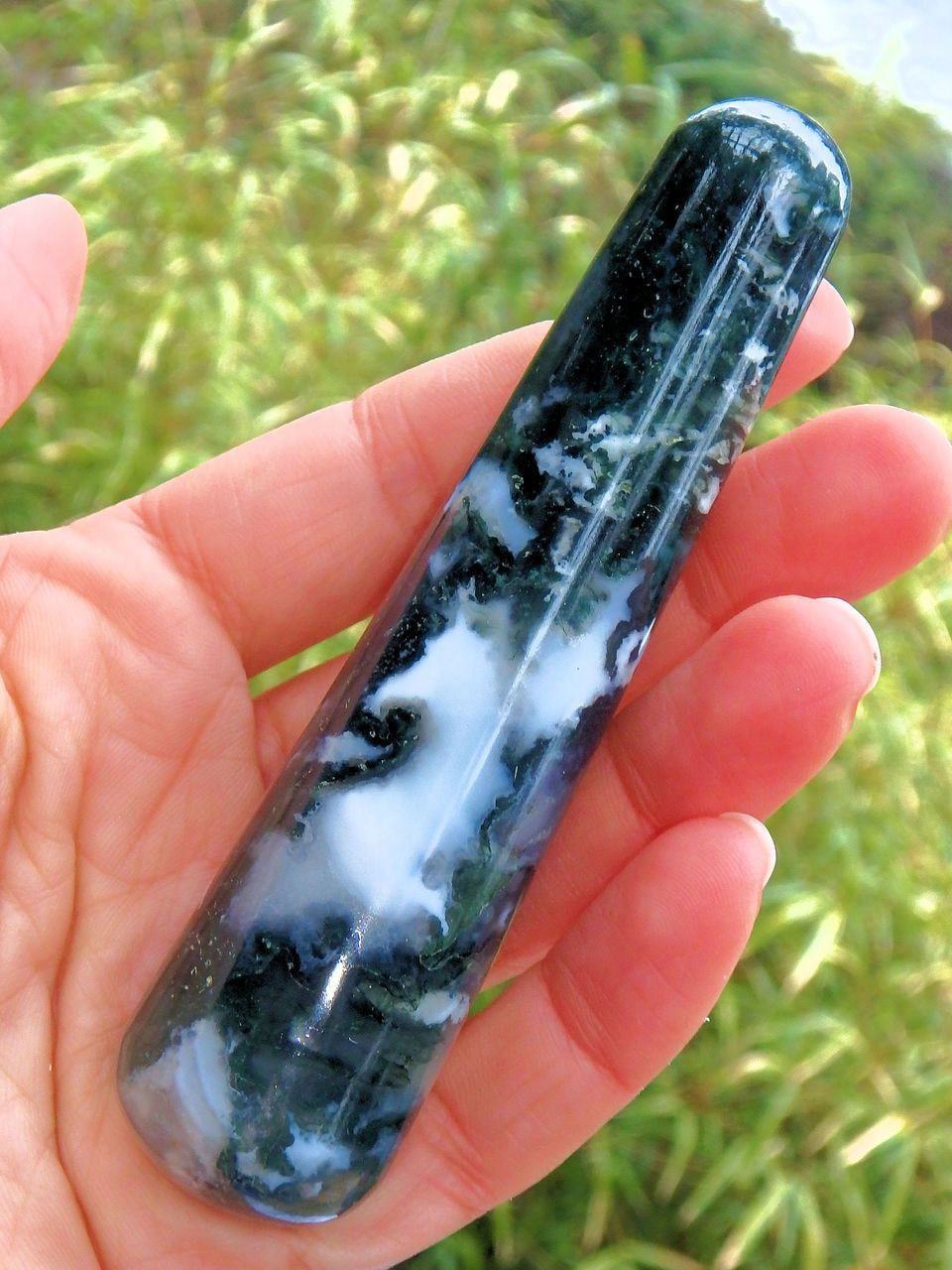  Creamy White & Green Moss Agate Wand Carving