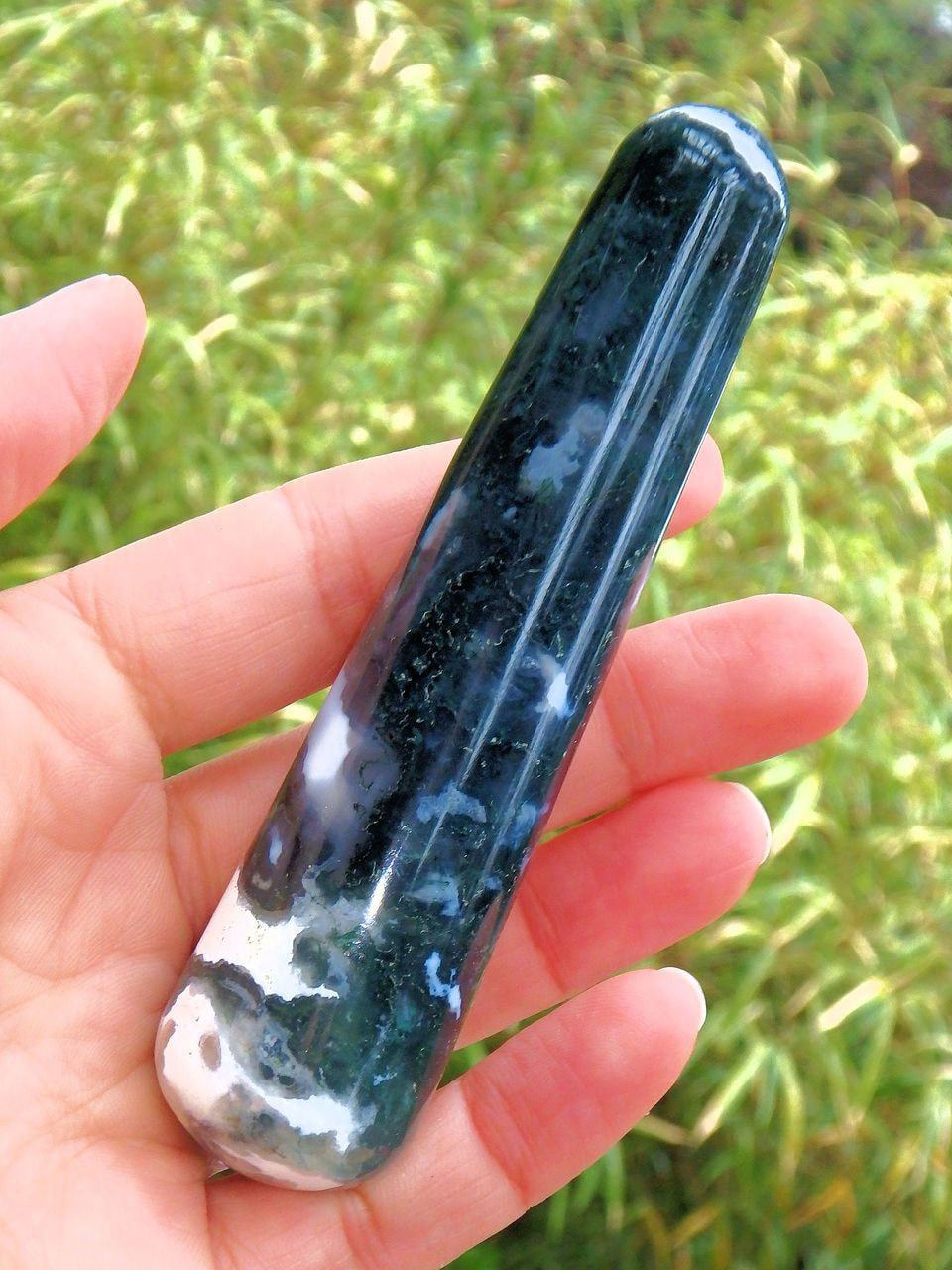  Creamy White & Green Moss Agate Wand Carving