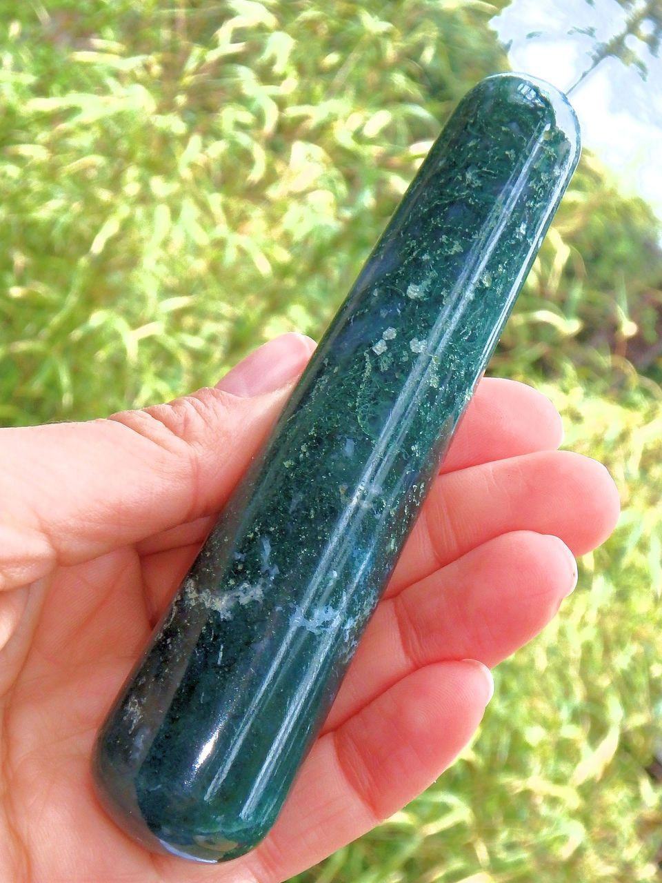  Earthy Green Moss Agate Wand Carving 1