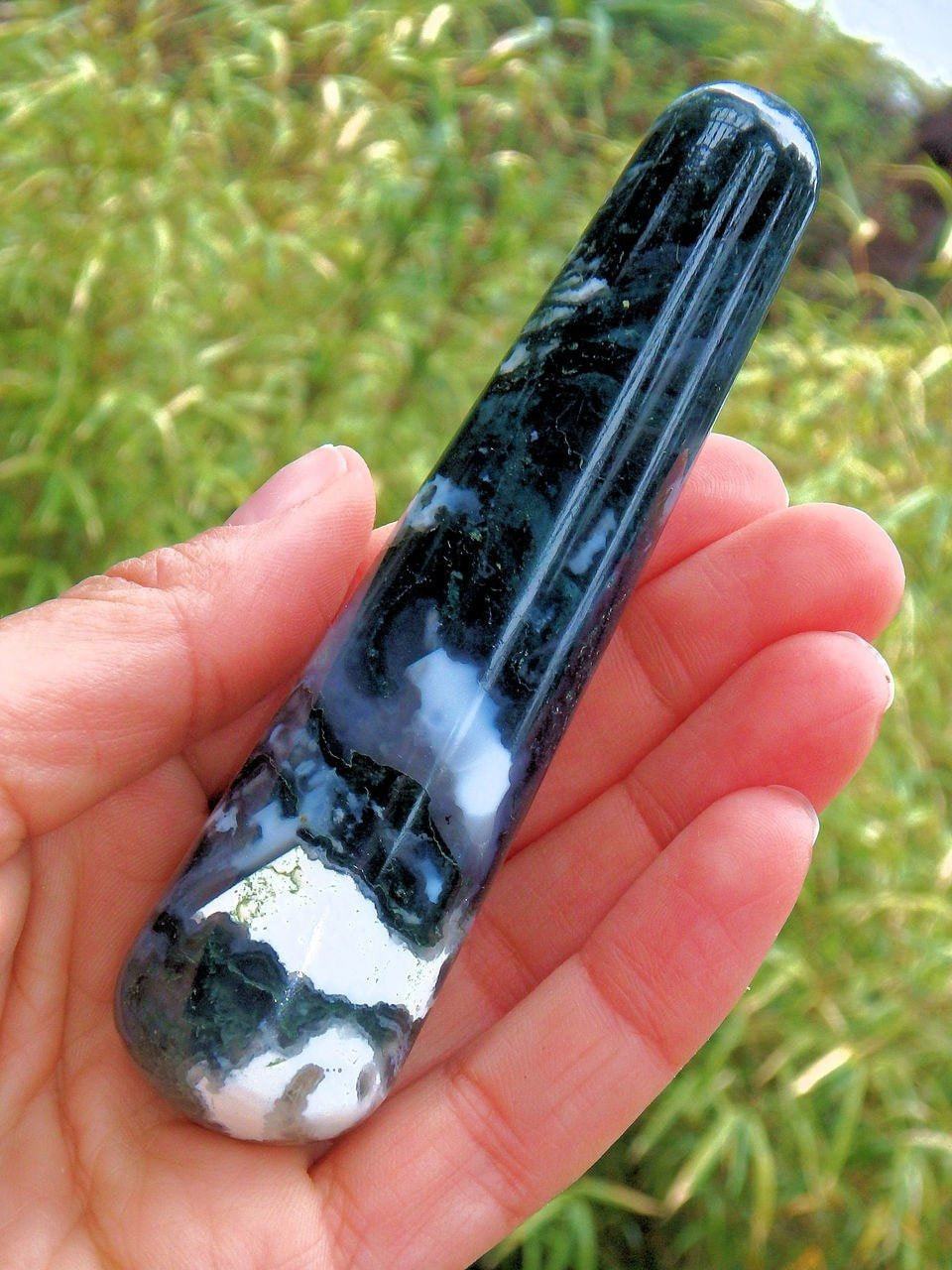  Creamy White & Green Moss Agate Wand Carving