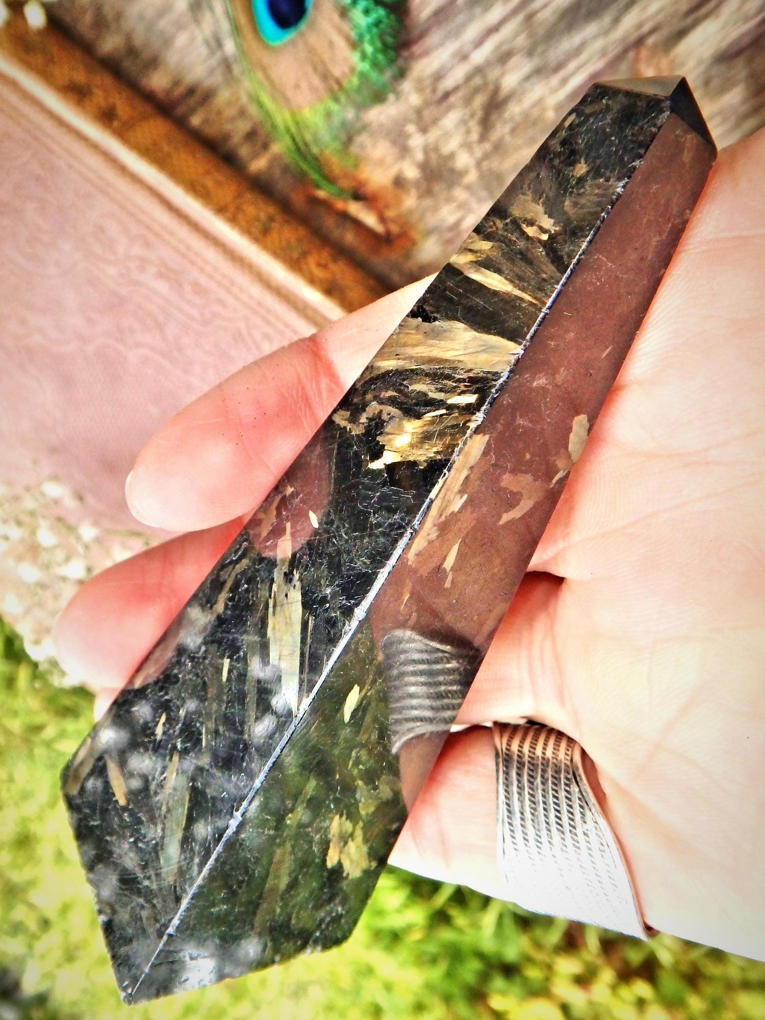Incredible Golden Flashes Genuine Greenland Nuummite Obelisk Carving Display Specimen - Earth Family Crystals