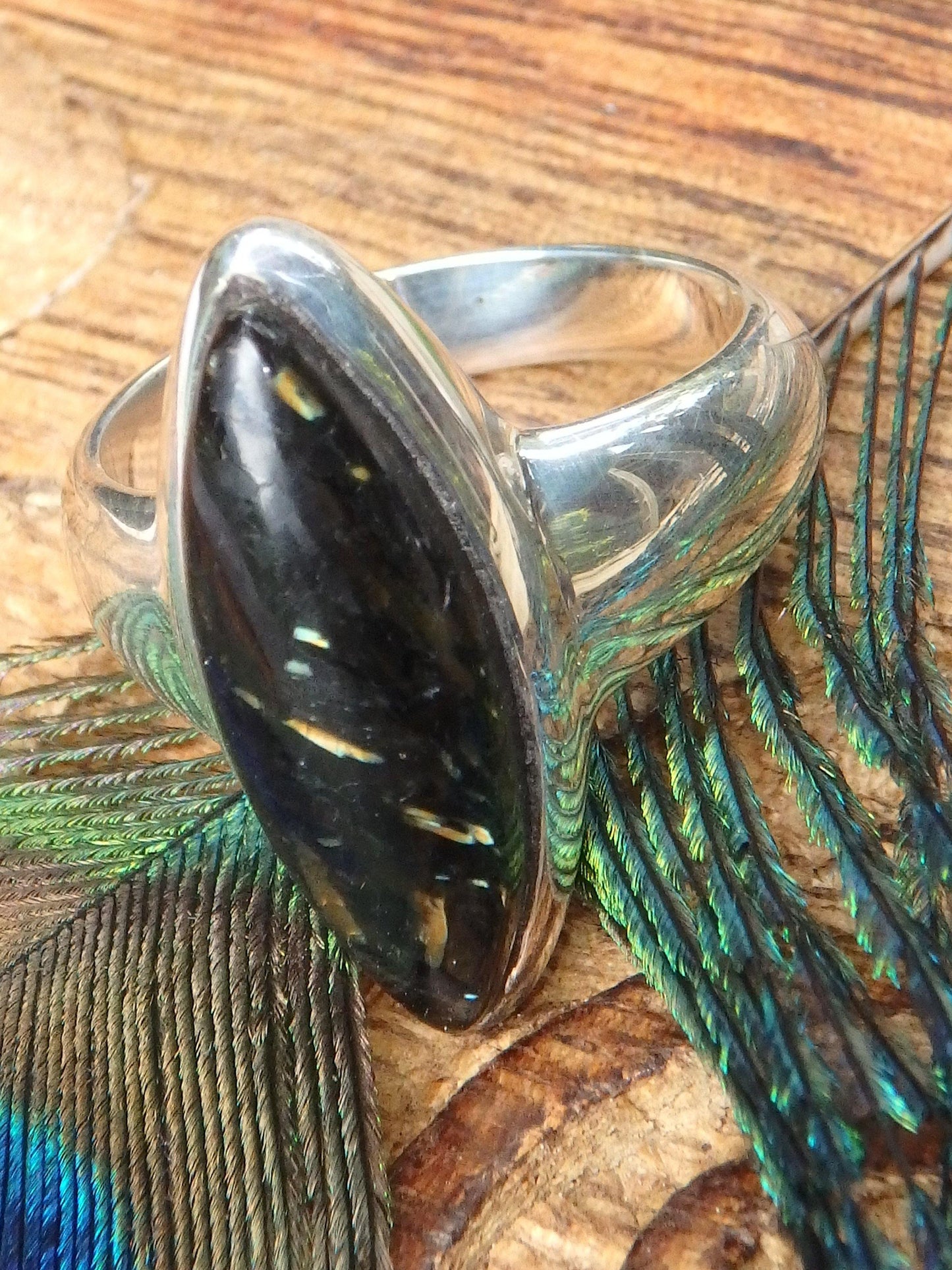 Lovely Flashes Greenland Nuummite Ring in Sterling Silver (Size 6.5) - Earth Family Crystals