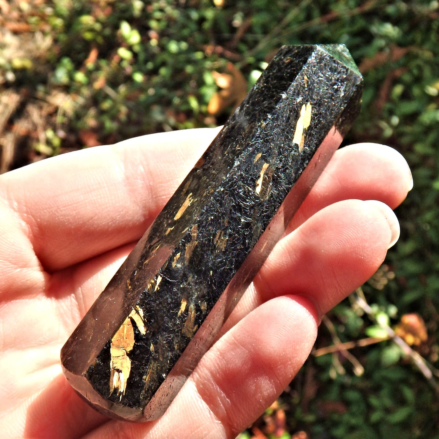 Multiple Golden Lightening Flashes Genuine Nuummite Wand From Greenland - Earth Family Crystals