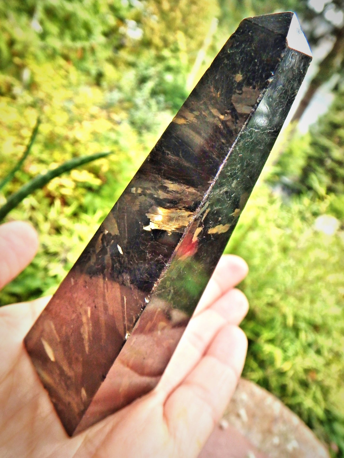 Incredible Golden Flashes Genuine Greenland Nuummite Obelisk Carving Display Specimen - Earth Family Crystals