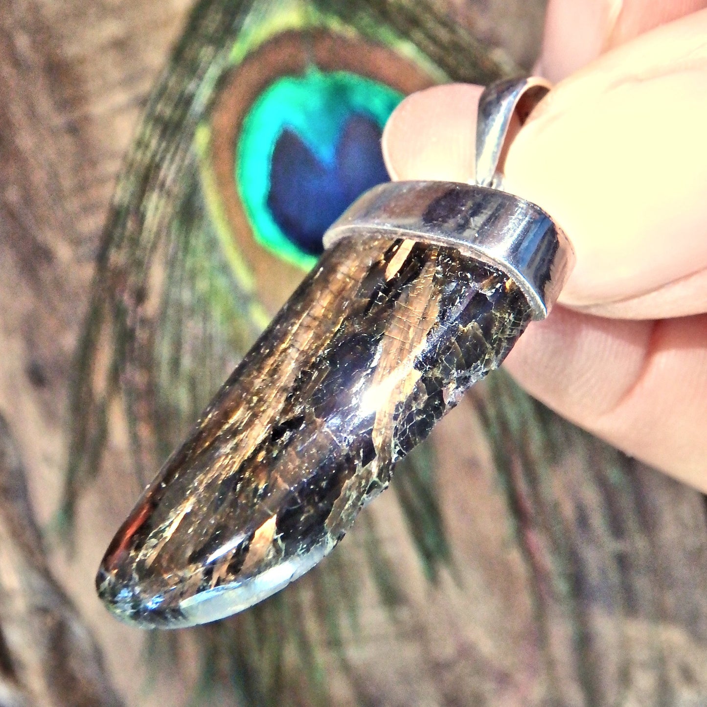 Golden Flashes Genuine Greenland Nuummite Pendant in Sterling Silver (REDUCED) - Earth Family Crystals