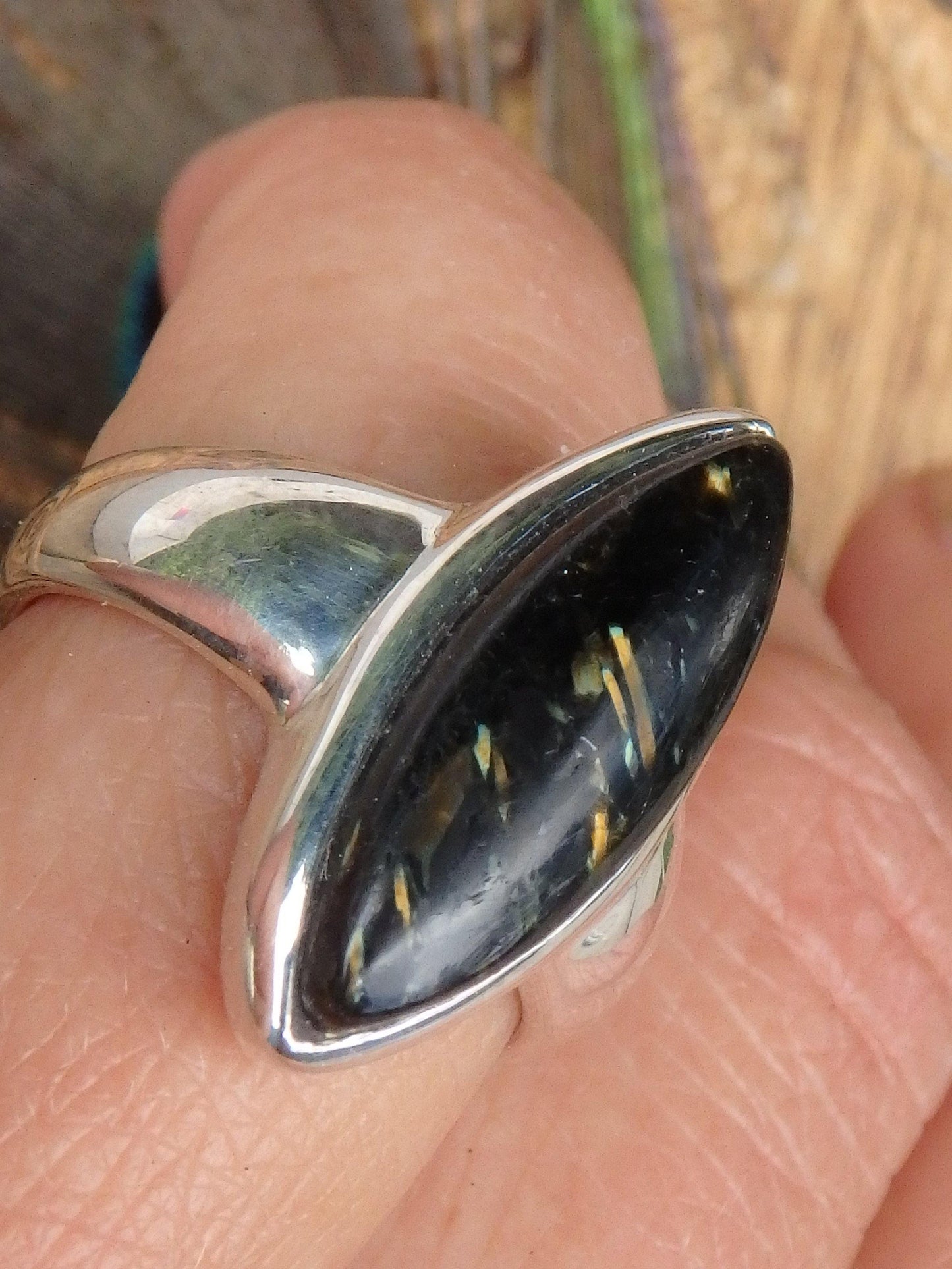 Lovely Flashes Greenland Nuummite Ring in Sterling Silver (Size 6.5) - Earth Family Crystals
