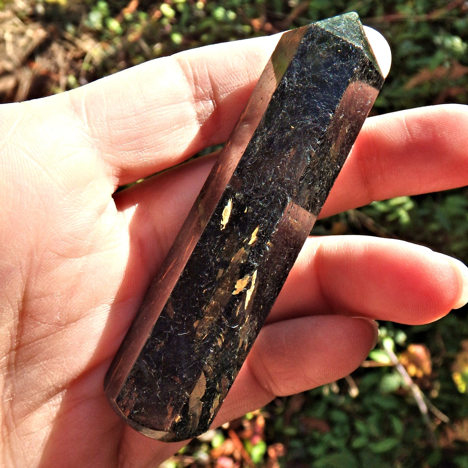 Multiple Golden Lightening Flashes Genuine Nuummite Wand From Greenland - Earth Family Crystals