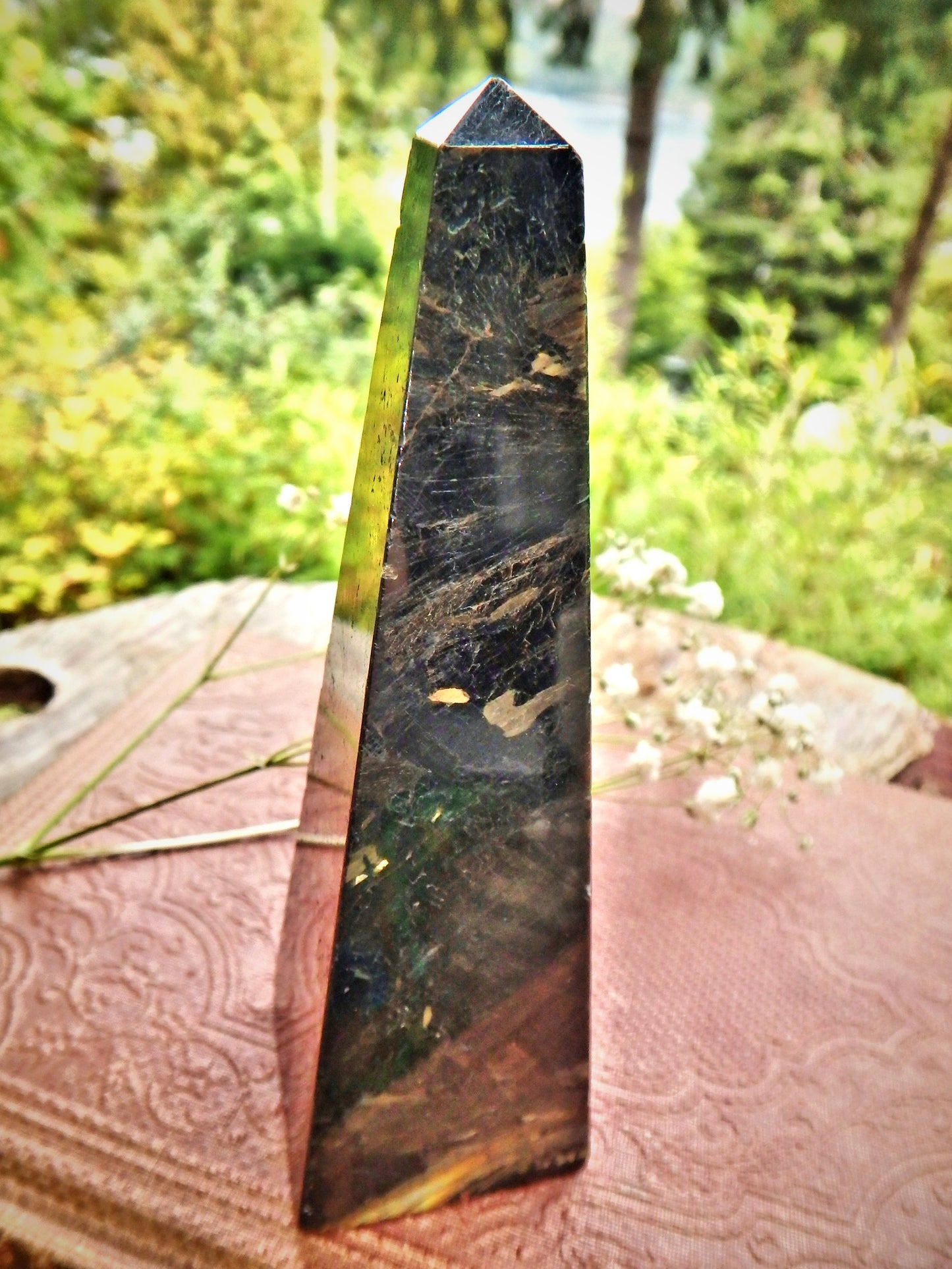 Incredible Golden Flashes Genuine Greenland Nuummite Obelisk Carving Display Specimen - Earth Family Crystals