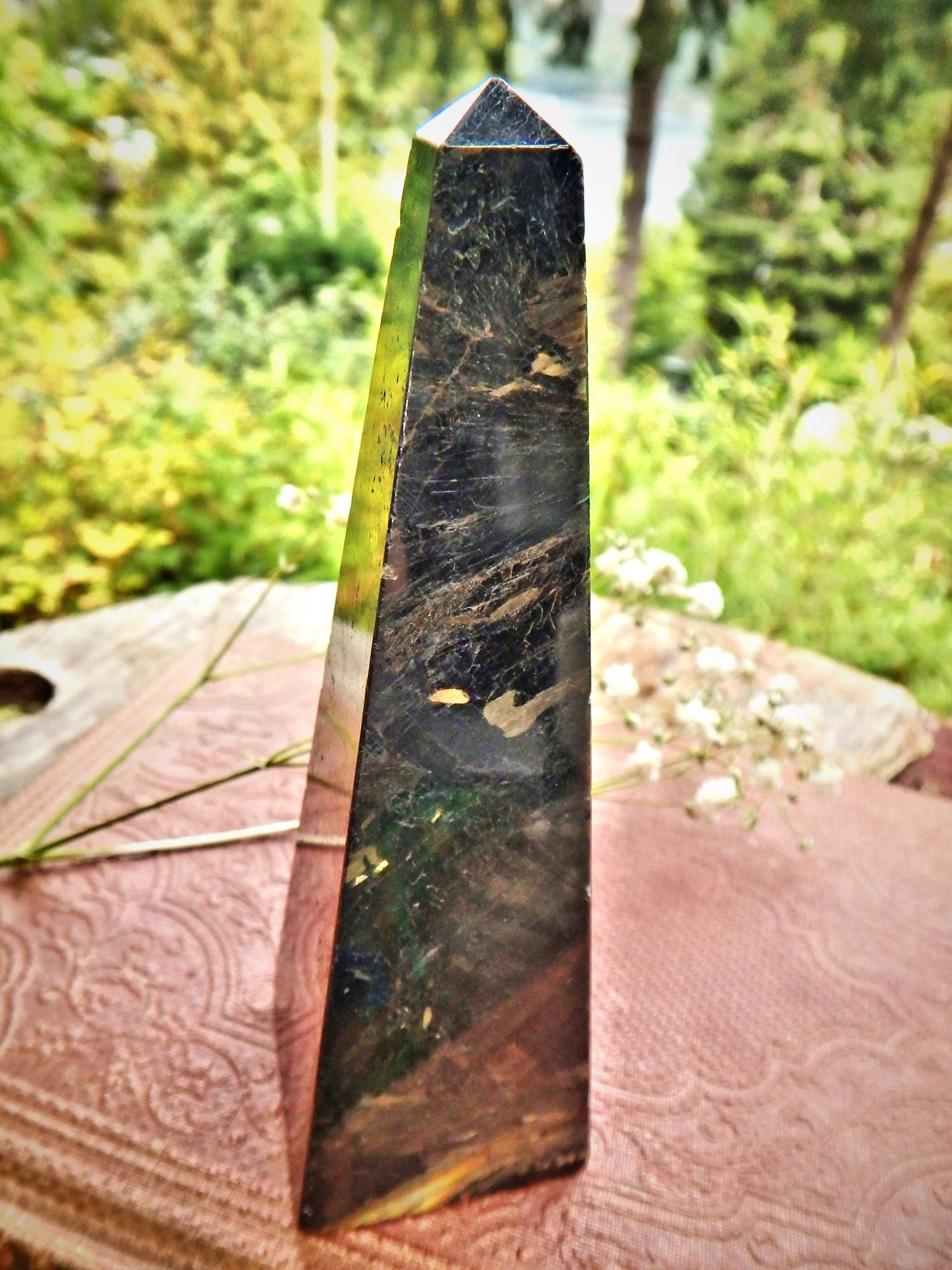 Incredible Golden Flashes Genuine Greenland Nuummite Obelisk Carving Display Specimen - Earth Family Crystals