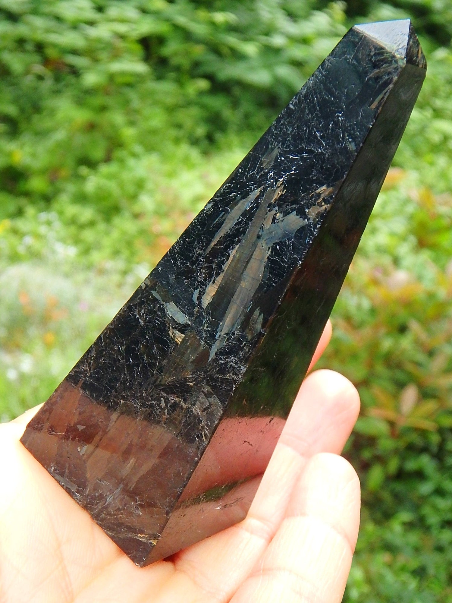 Golden Lightening Flashes~Genuine Greenland Nuummite Obelisk Standing Carving - Earth Family Crystals