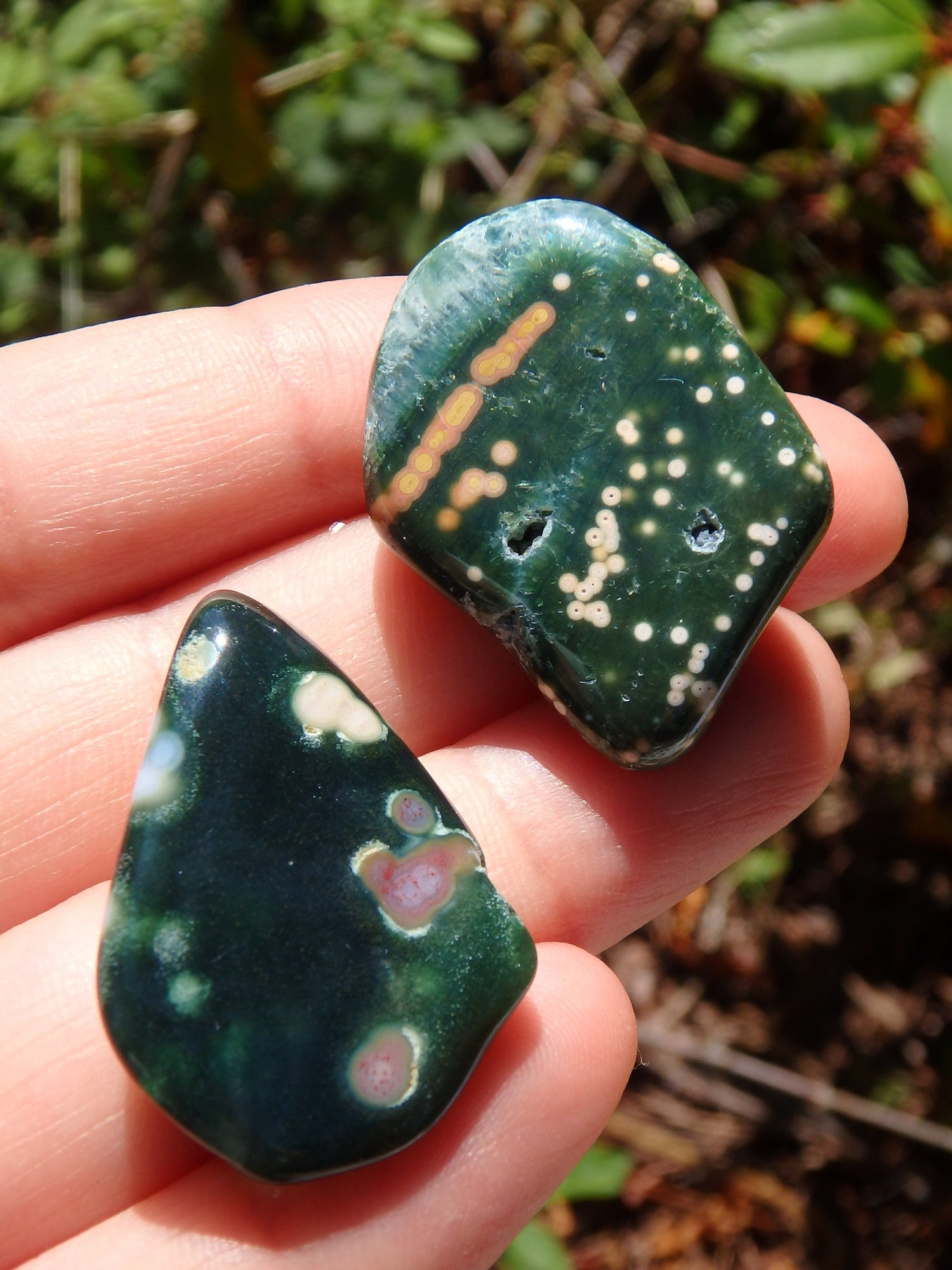 Set of 2~Pretty orbs of Color Forest Green Ocean Jasper Tumbled Stones - Metiz Tier Price