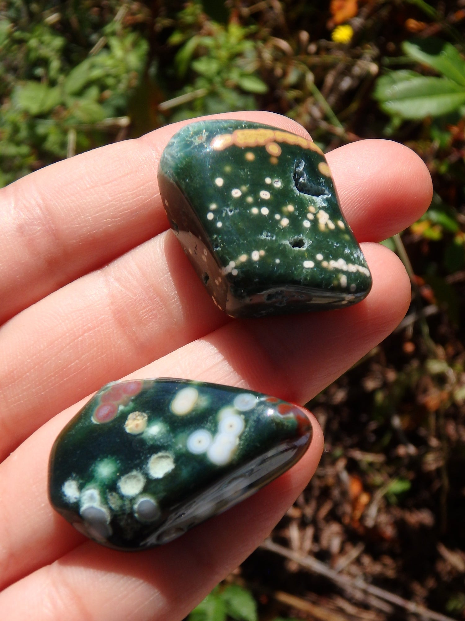 Set of 2~Pretty orbs of Color Forest Green Ocean Jasper Tumbled Stones - Metiz Tier Price