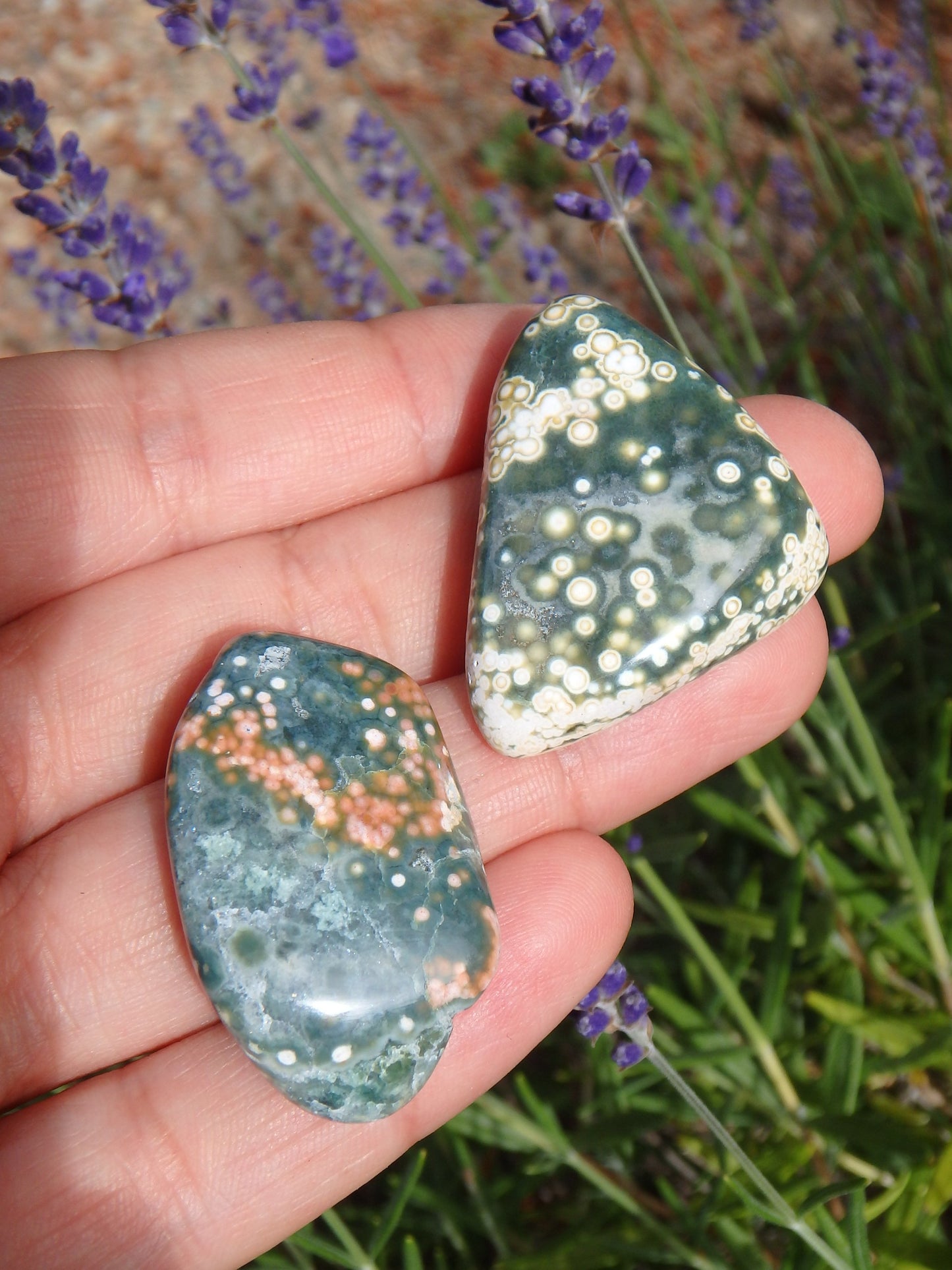 Set of two Pretty Orbs of Color Ocean Jasper Tumble Stones - Metiz Tier Price