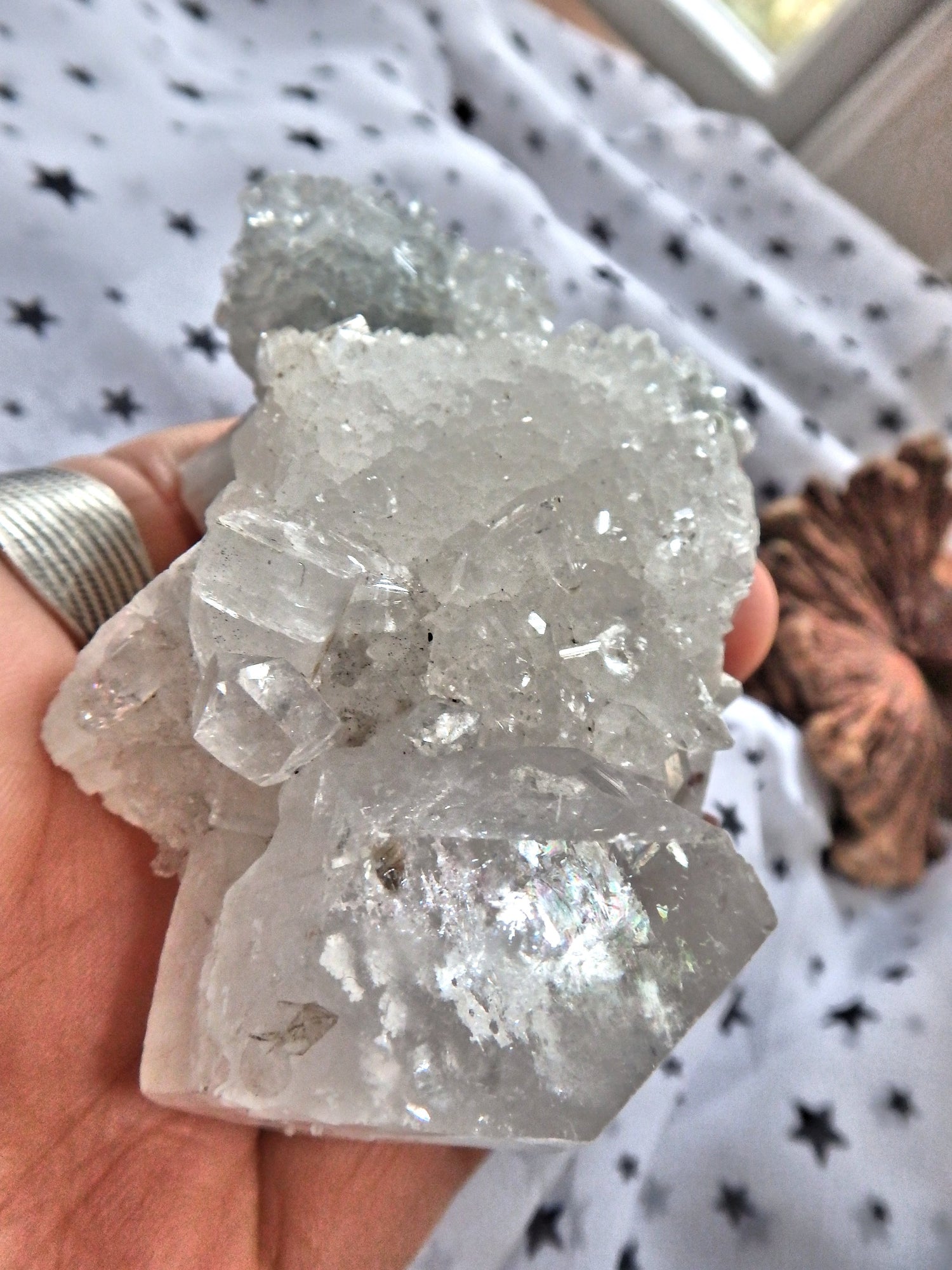Fabulous Glitter & Sparkle Optical Apophyllite Point Nestled on Calcite Matrix With Baby Apophyllite Points - Earth Family Crystals