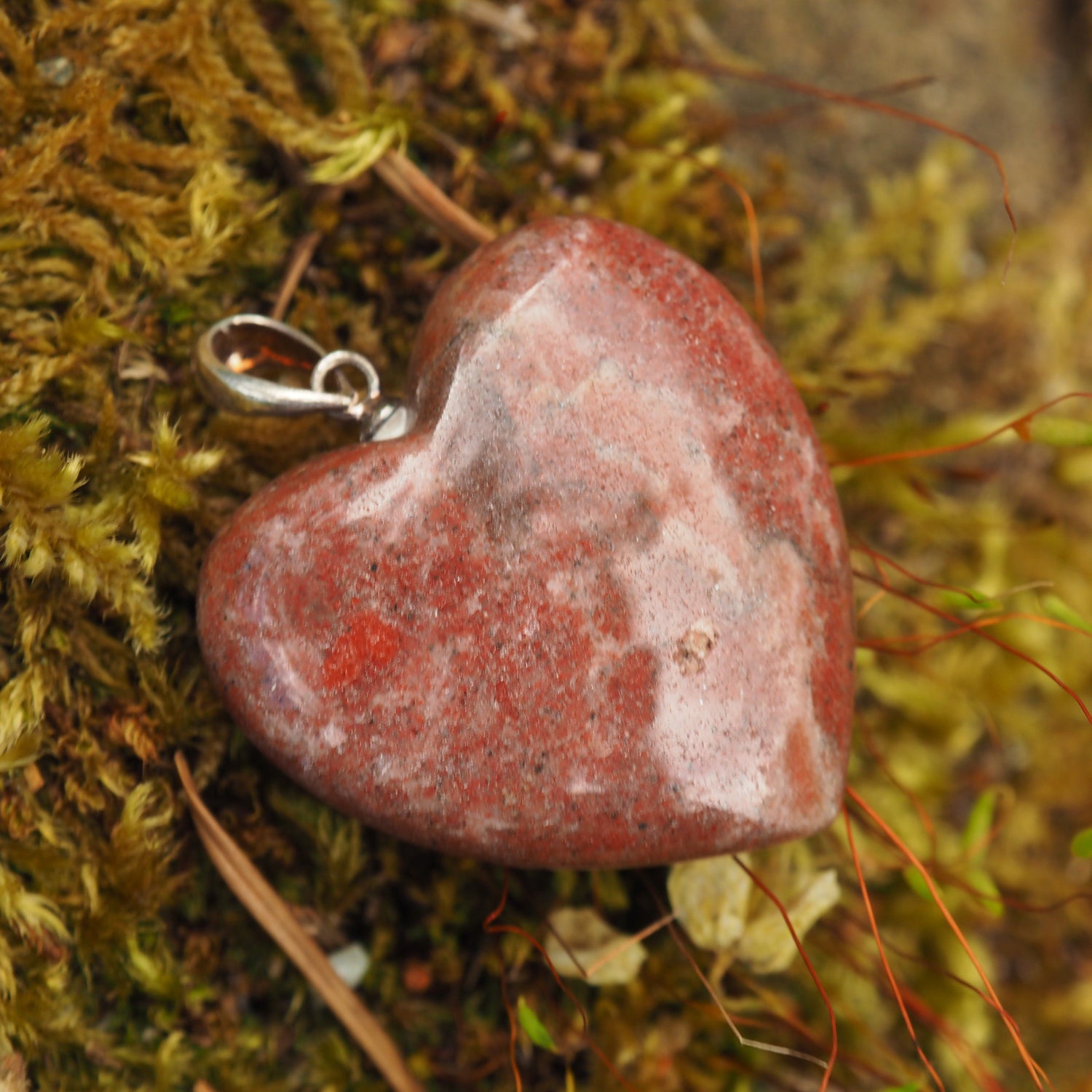  Cranberry Red Greenland Thulite Heart Pendant in Sterling Silver (Includes Silver Chain)