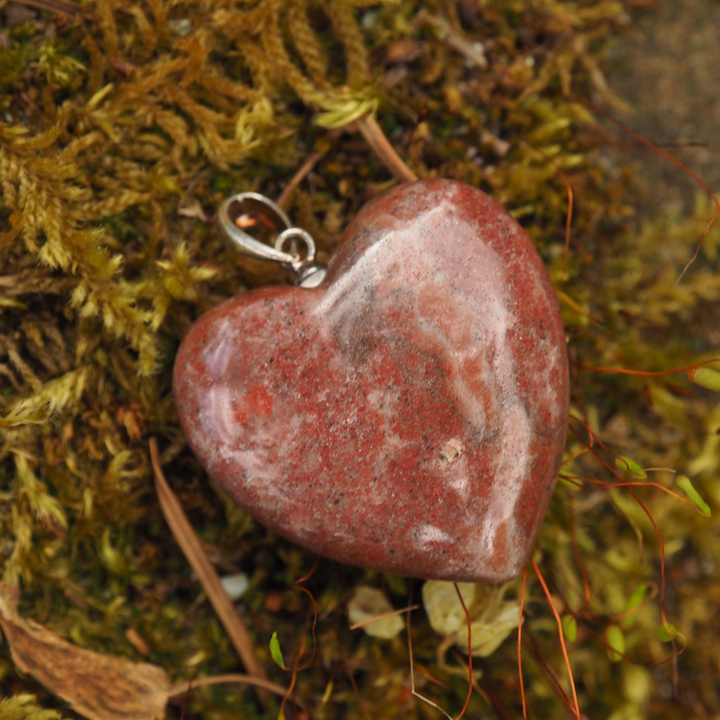  Cranberry Red Greenland Thulite Heart Pendant in Sterling Silver (Includes Silver Chain)