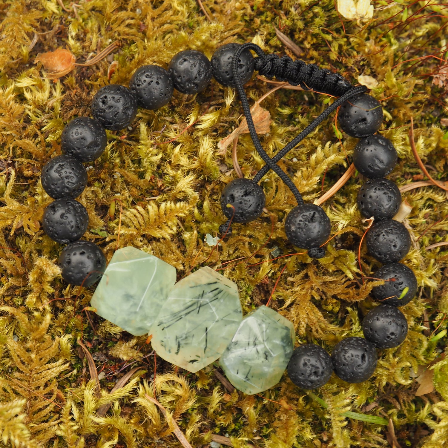 Green Prehnite with Epidote Inclusions & Lava Stone Adjustable Cord Bracelet (Ideal for Essential Oils) - Earth Family Crystals