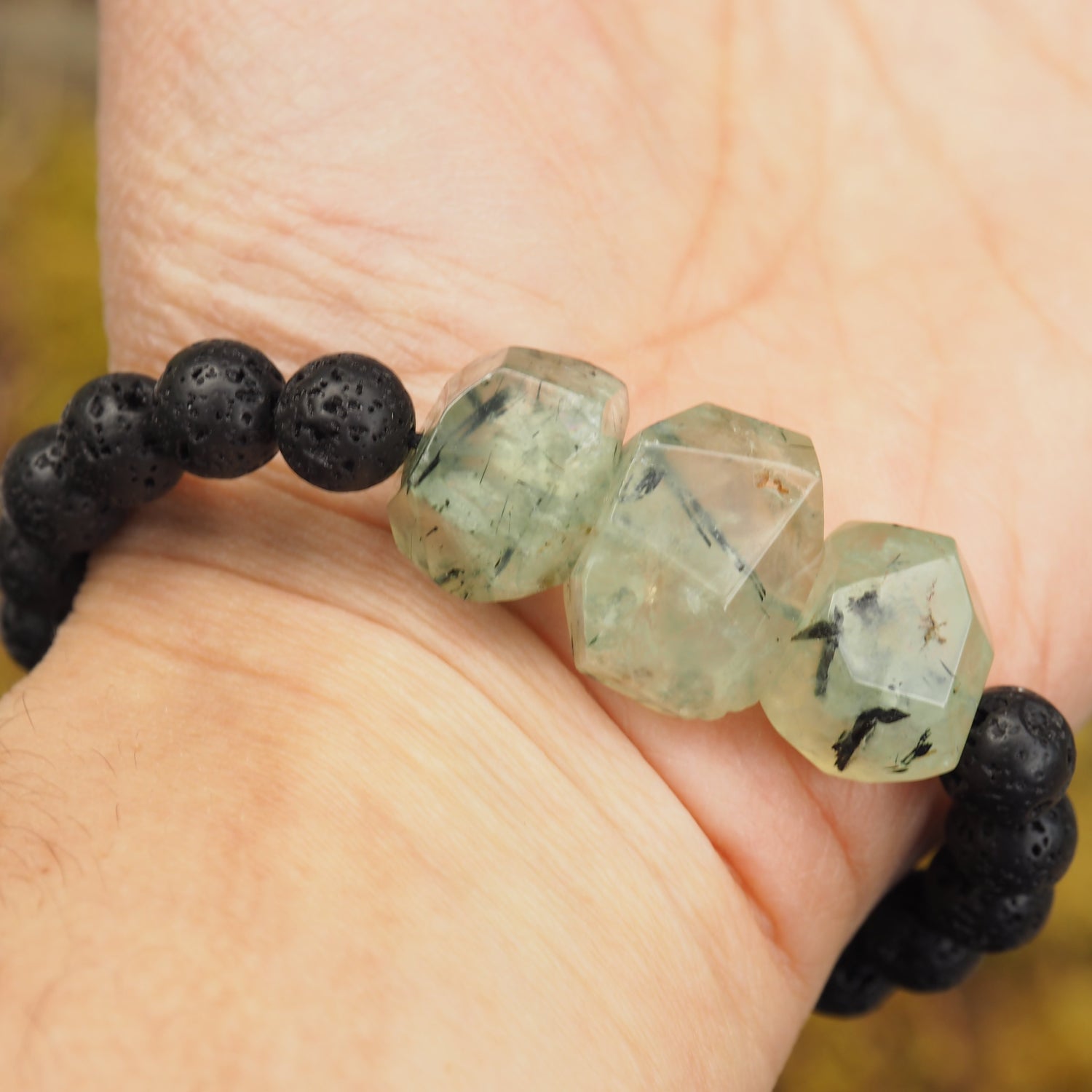 Green Prehnite with Epidote Inclusions & Lava Stone Adjustable Cord Bracelet (Ideal for Essential Oils) - Earth Family Crystals