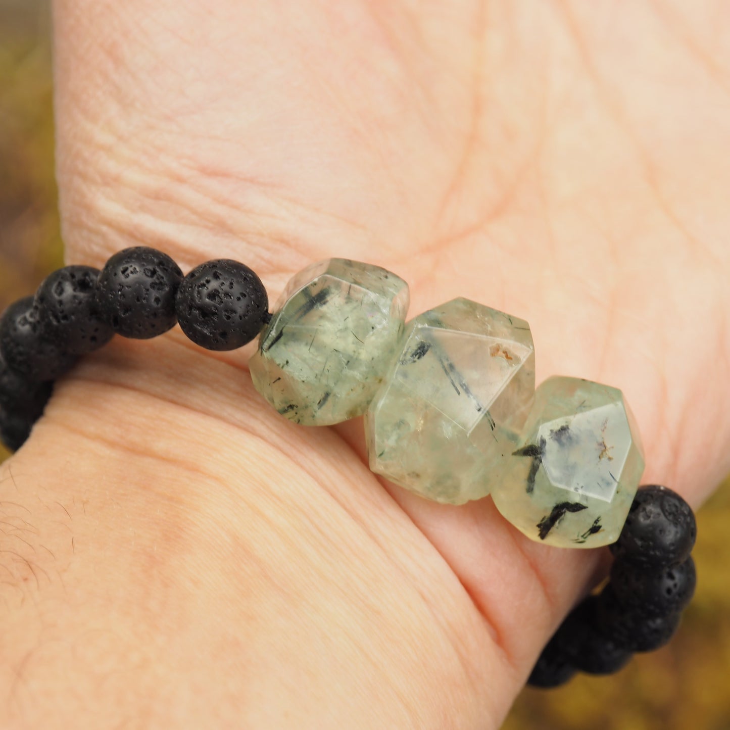 Green Prehnite with Epidote Inclusions & Lava Stone Adjustable Cord Bracelet (Ideal for Essential Oils) - Earth Family Crystals