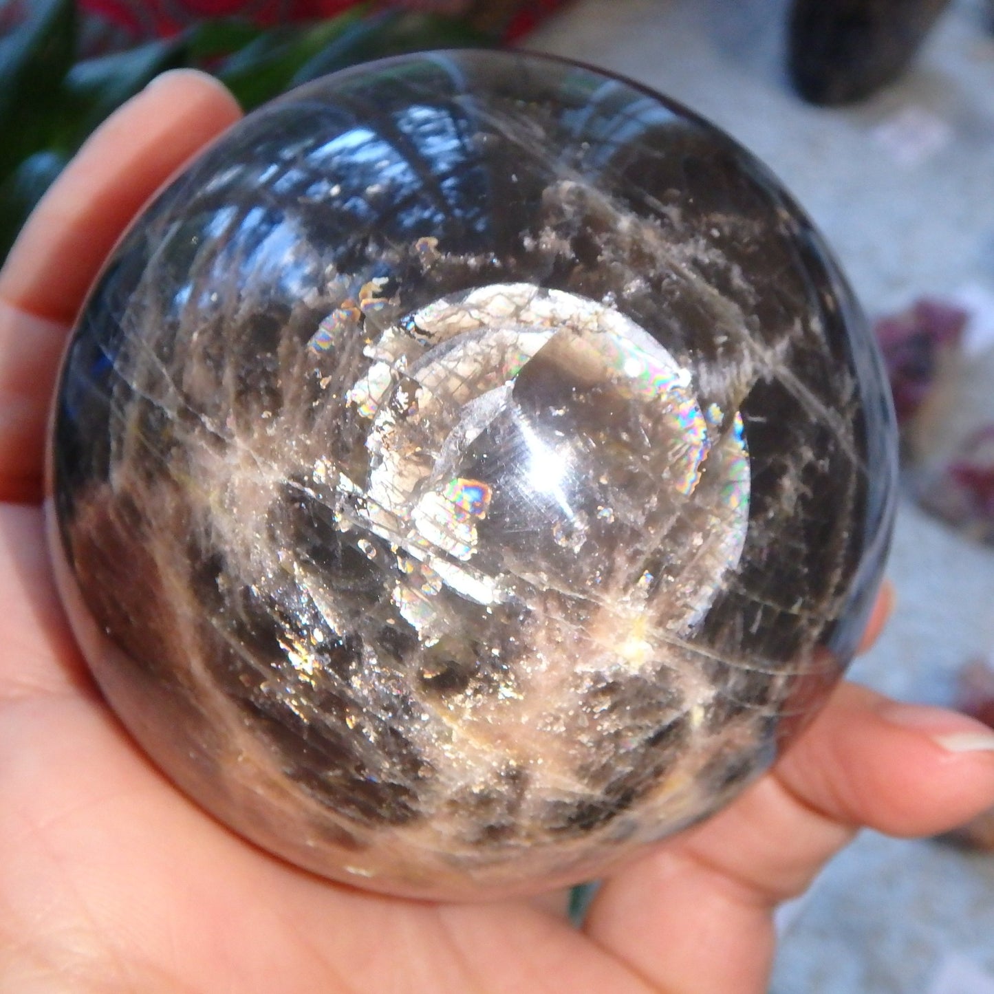 Hypnotic Rainbows & Sheen Large Black Moonstone Sphere Carving