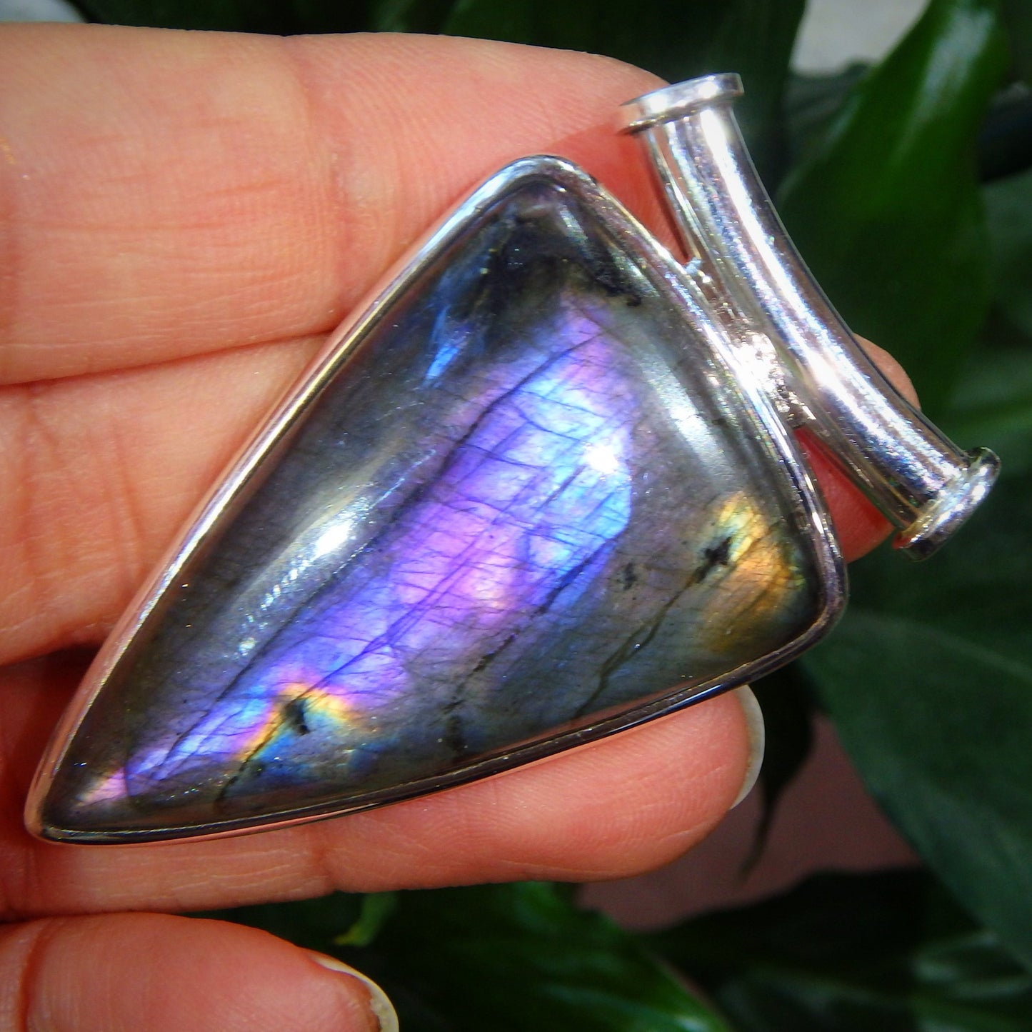 Incredibly Beautiful Large Rare Purple Flash Labradorite Gemstone Pendant in Sterling Silver (Includes Silver Chain)