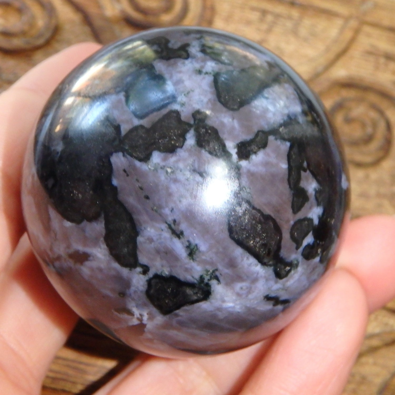 Gorgeous Mystic Merlinite (Indigo Gabbro) Gemstone Sphere Carving - Earth Family Crystals