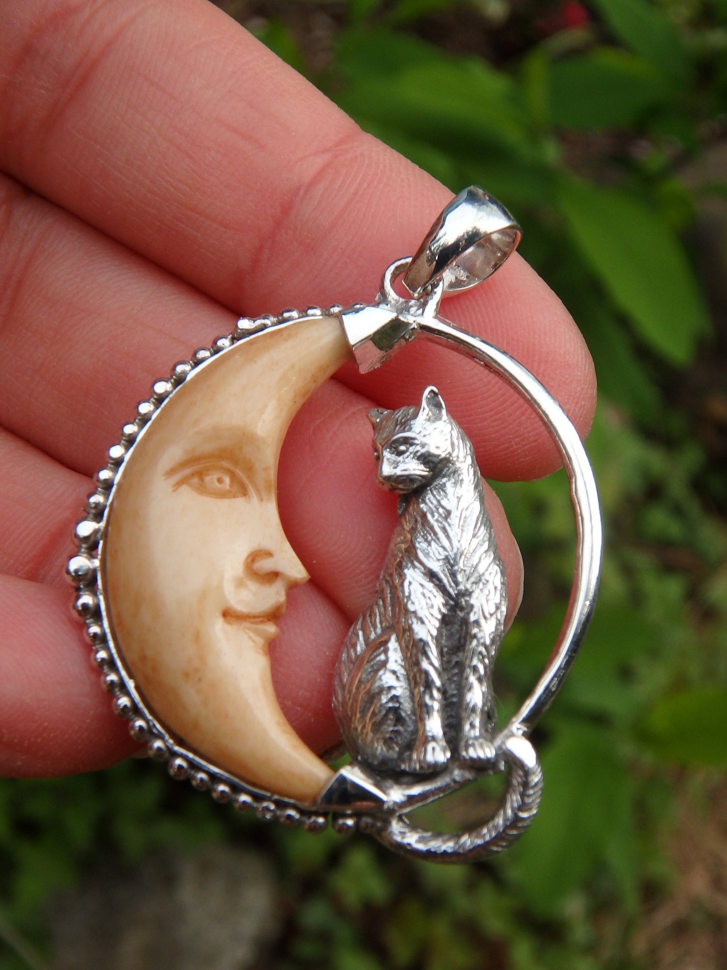  Cat & Crescent Moon Bone Pendant in Sterling Silver (Includes Silver Chain)